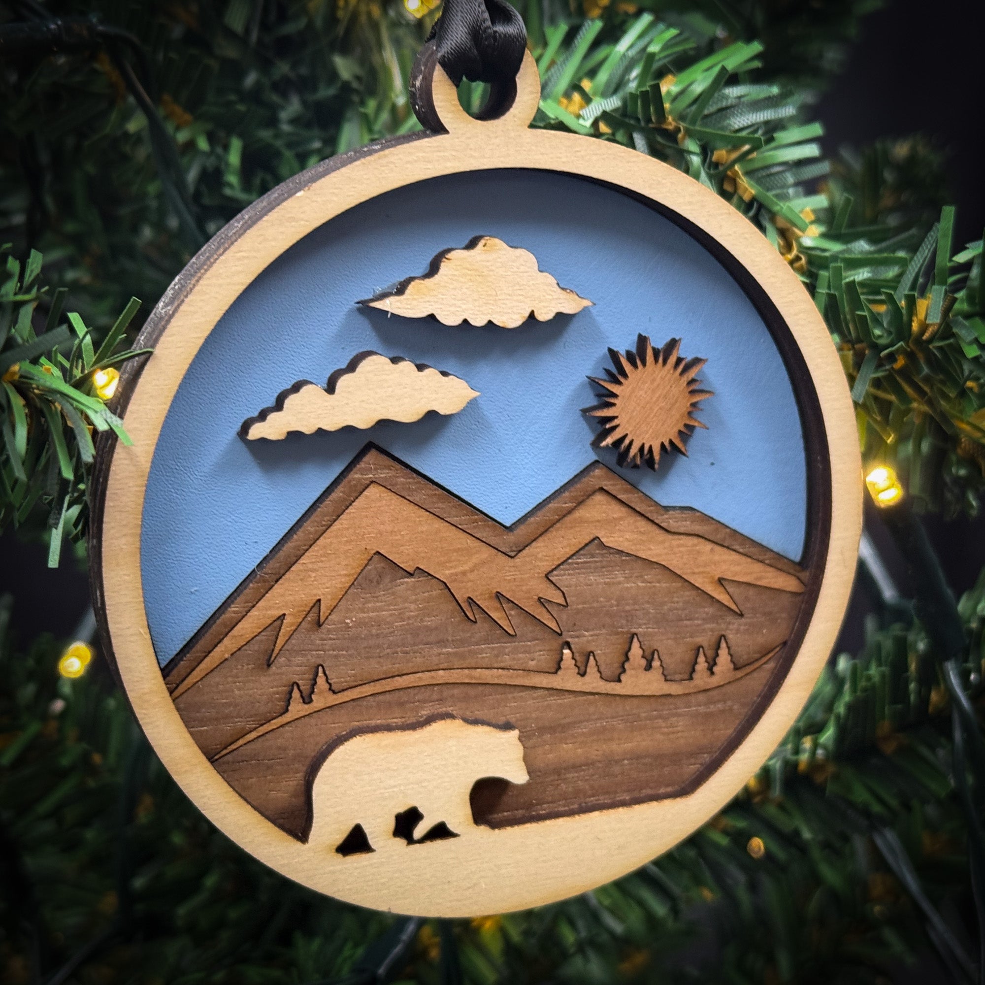 Bear, Daytime Trees and  Mountains Ornament