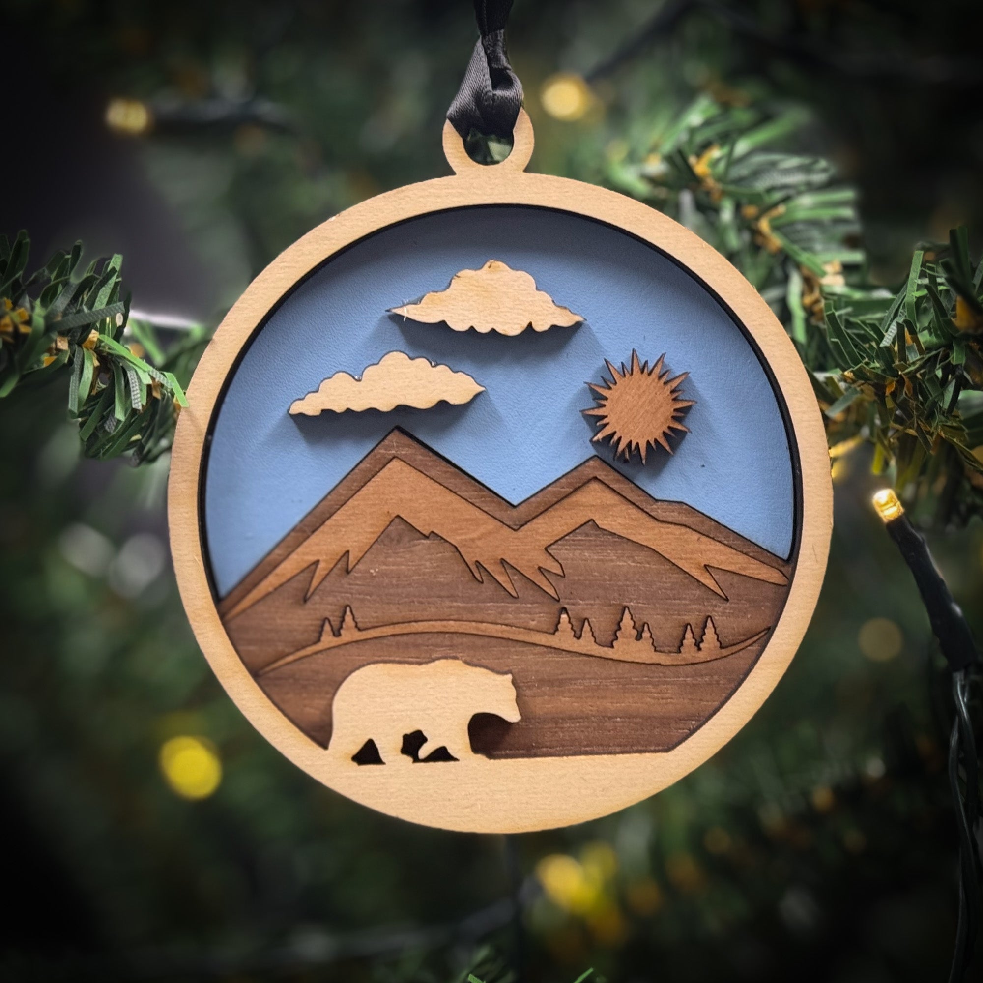 Bear, Daytime Trees and  Mountains Ornament