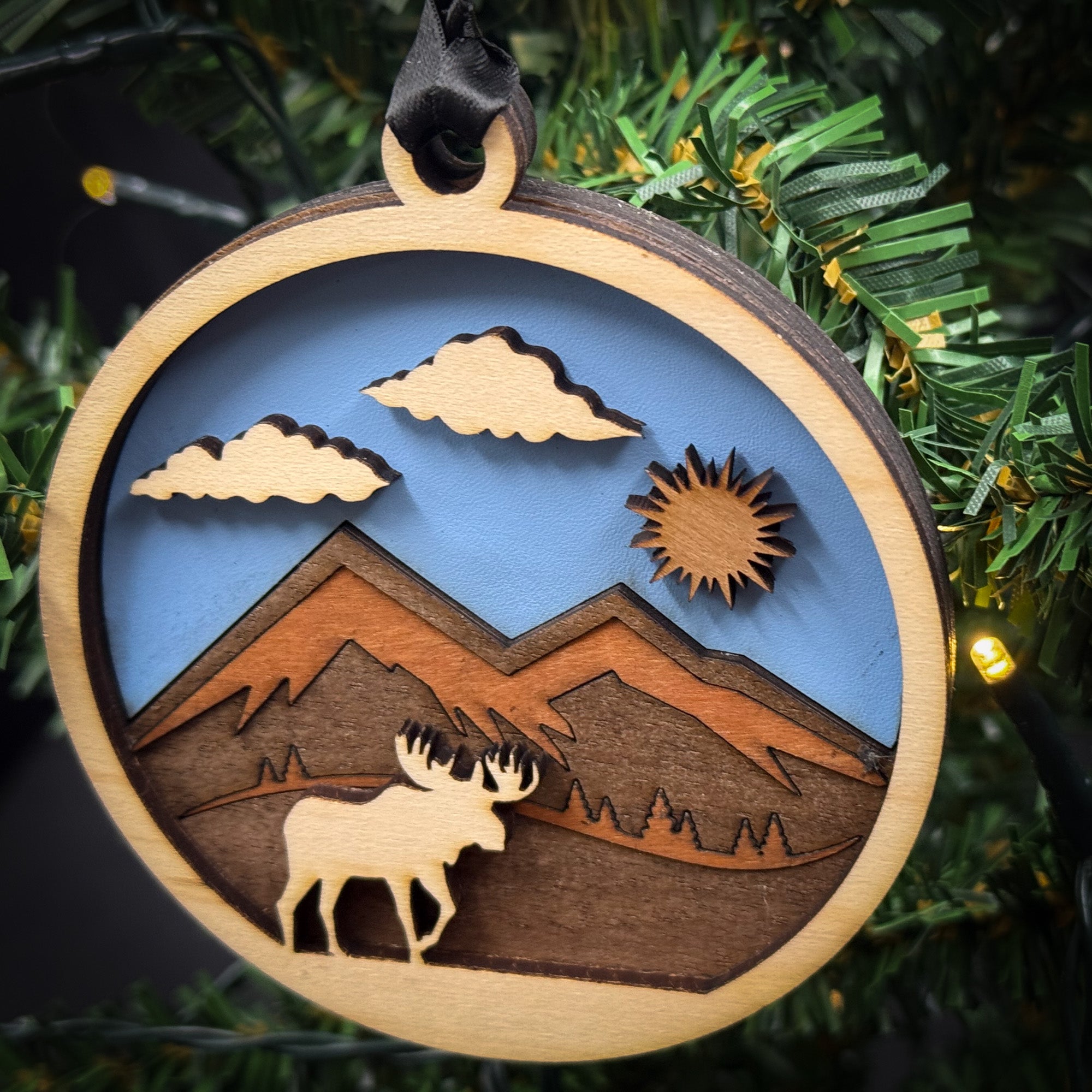 Moose, Daytime Trees and  Mountains Ornament