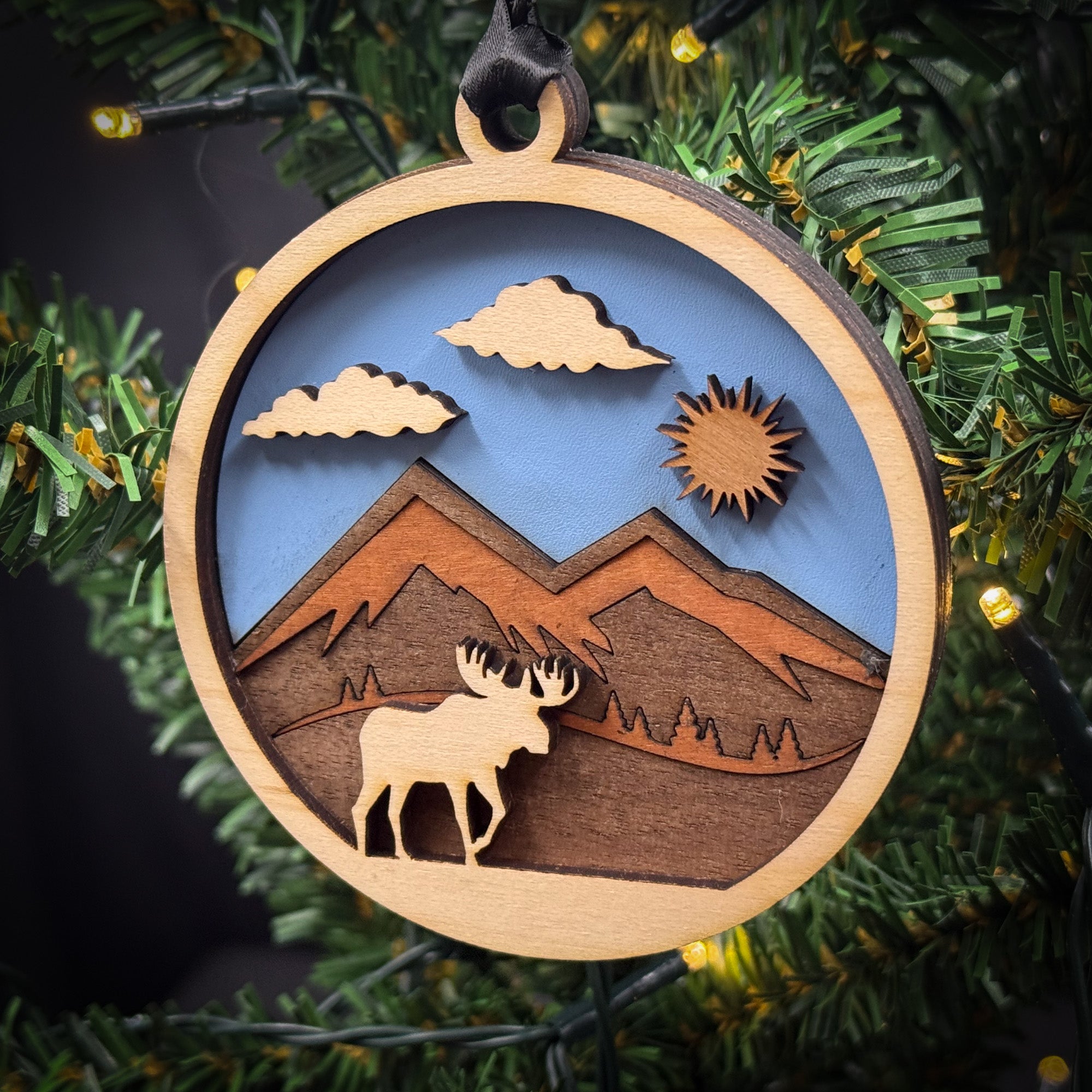 Moose, Daytime Trees and  Mountains Ornament