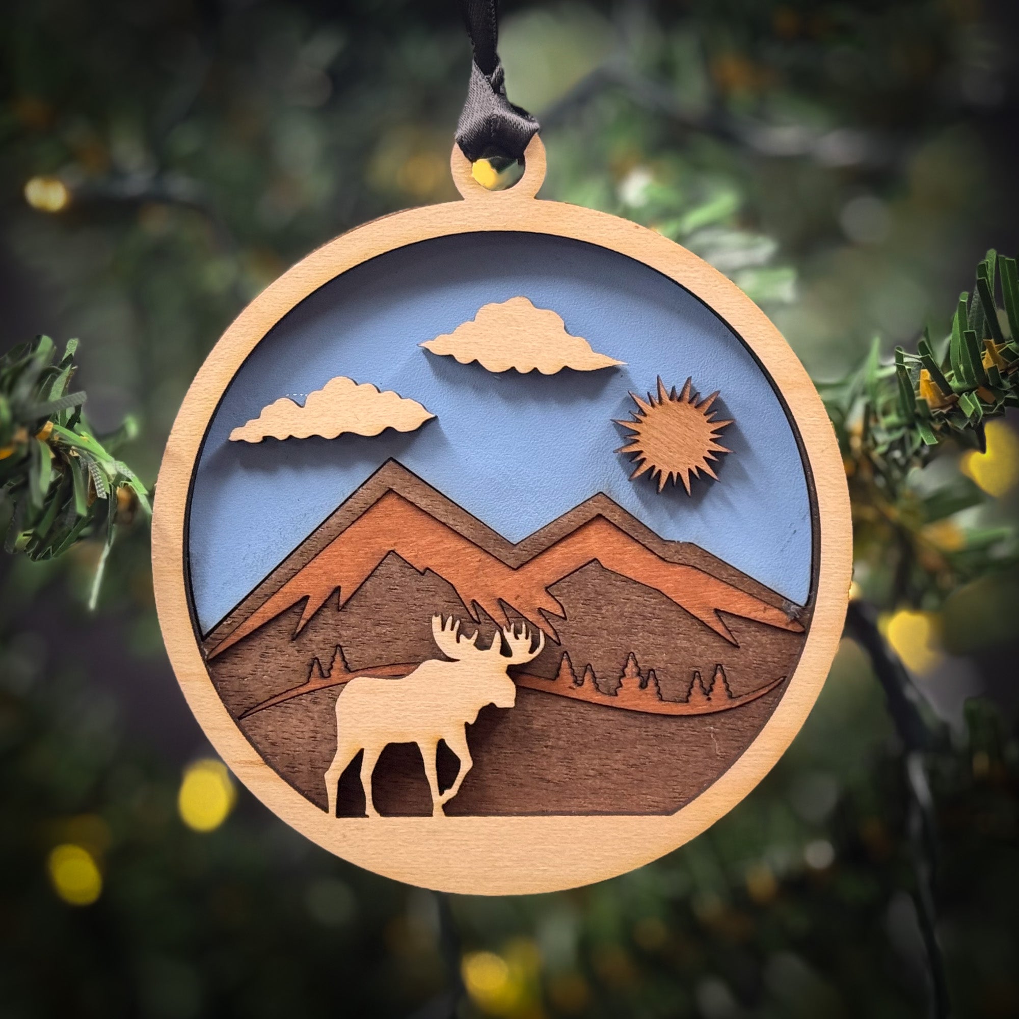 Moose, Daytime Trees and  Mountains Ornament