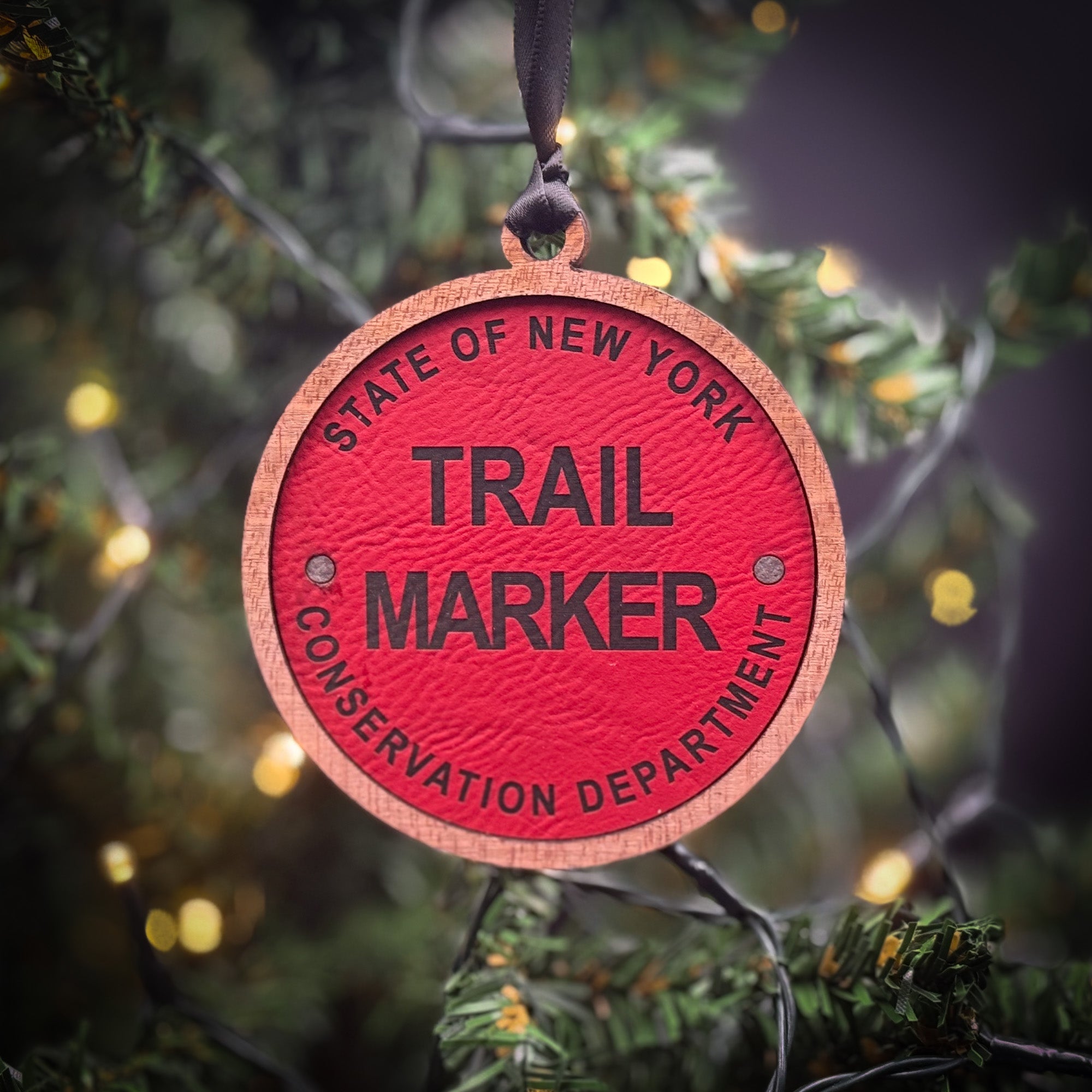 New York Trail Marker Layer Wood and Leather 2 Layer Ornament