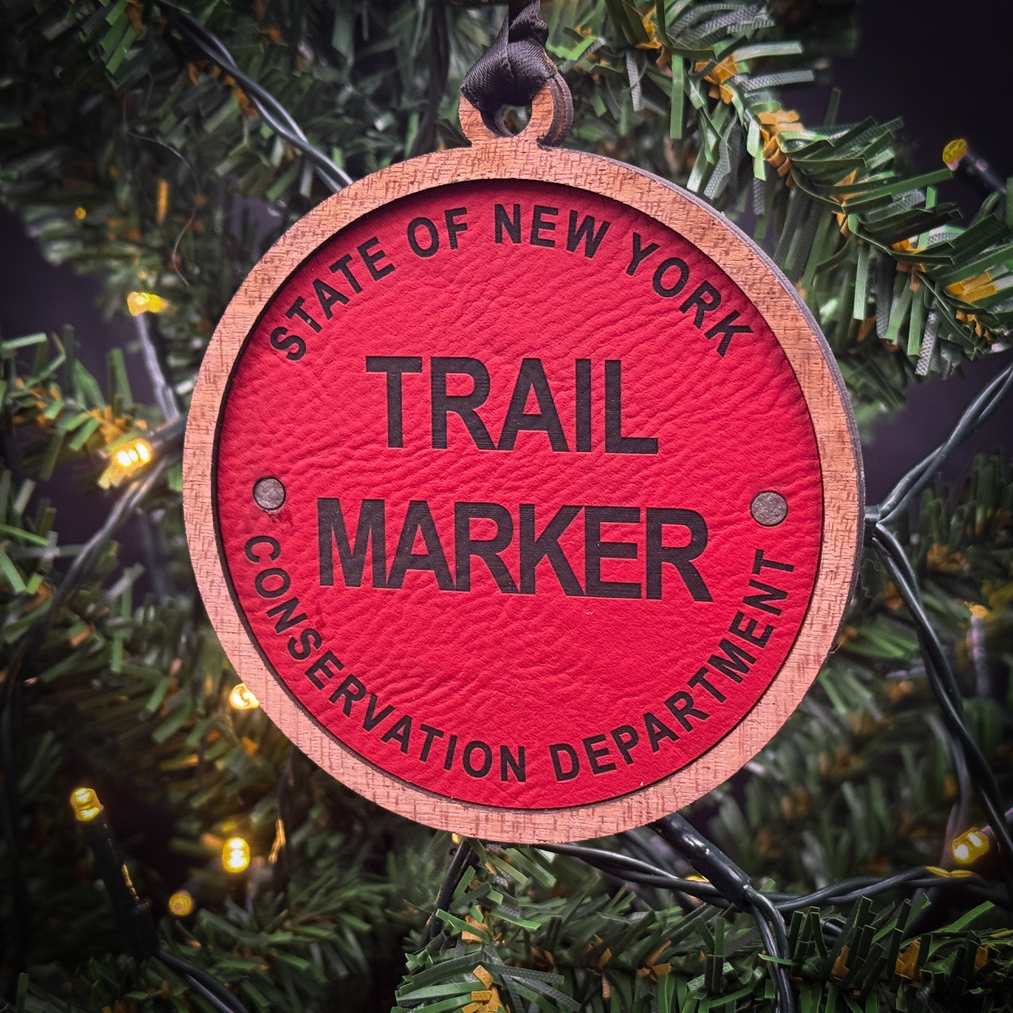 New York Trail Marker Layer Wood and Leather 2 Layer Ornament