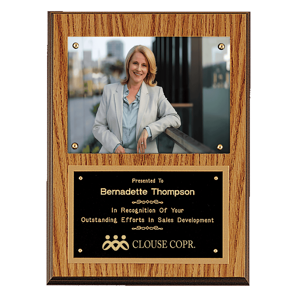 Oak Finish Photo Plaque with Black Brass 9" x 12" American Plates-Photo Size 5" x 7"