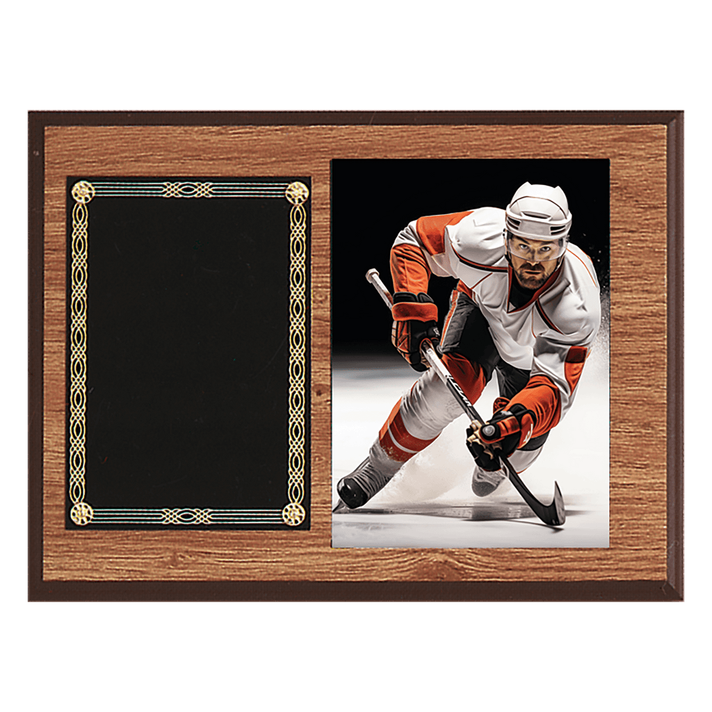Oak Finish Photo Plaque with Black Brass 2 9" x 12" American Plates-Photo Size 5" x 7"