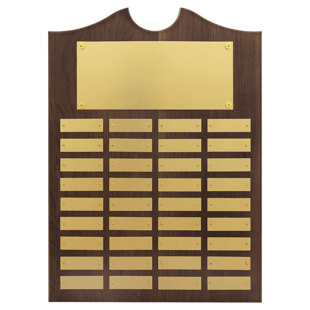 Walnut 36 Plate Perpetual Plaque with Brushed Brass 14" x 20"/Plates 7/8" x 2 3/4" American Plates