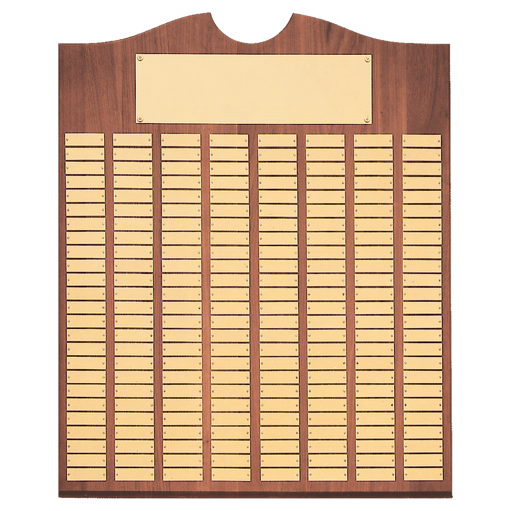 Walnut 80 Plate Perpetual Plaque with Brushed Brass 20" x 30"/Plates 7/8" x 2 3/4" American Plates
