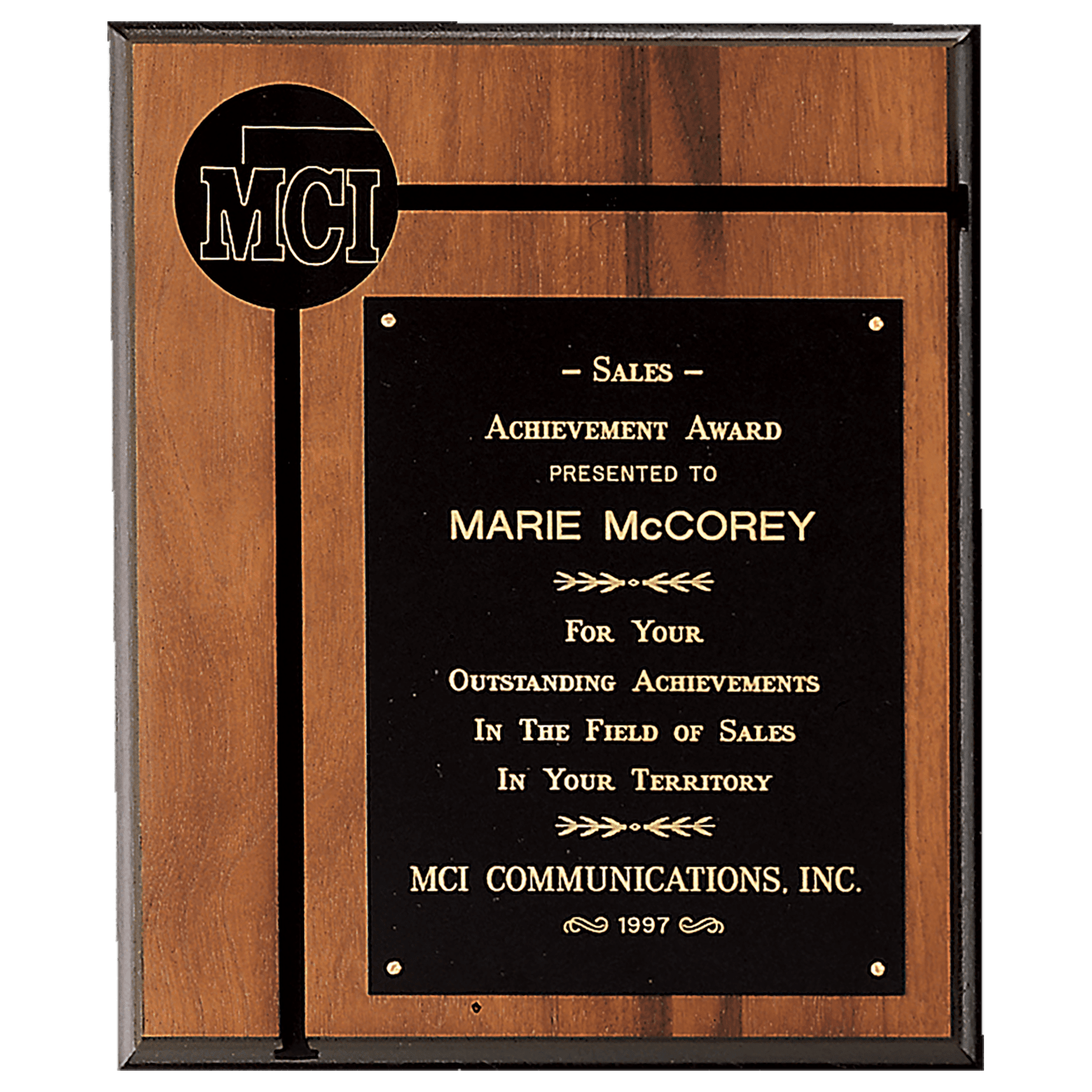 7" x 9" American Walnut Routed Plaque w/Black Brass Plate and 2 1/2" Black Brass Disc