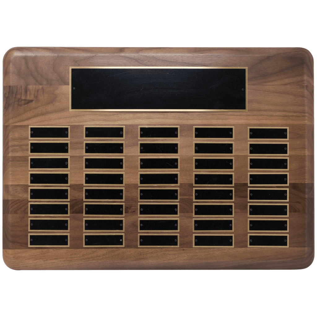 Walnut 40 Plate Perpetual Plaque with Black Brass 15" x 21"/Plates 7/8" x 2 3/4" American Plated Steel Plates