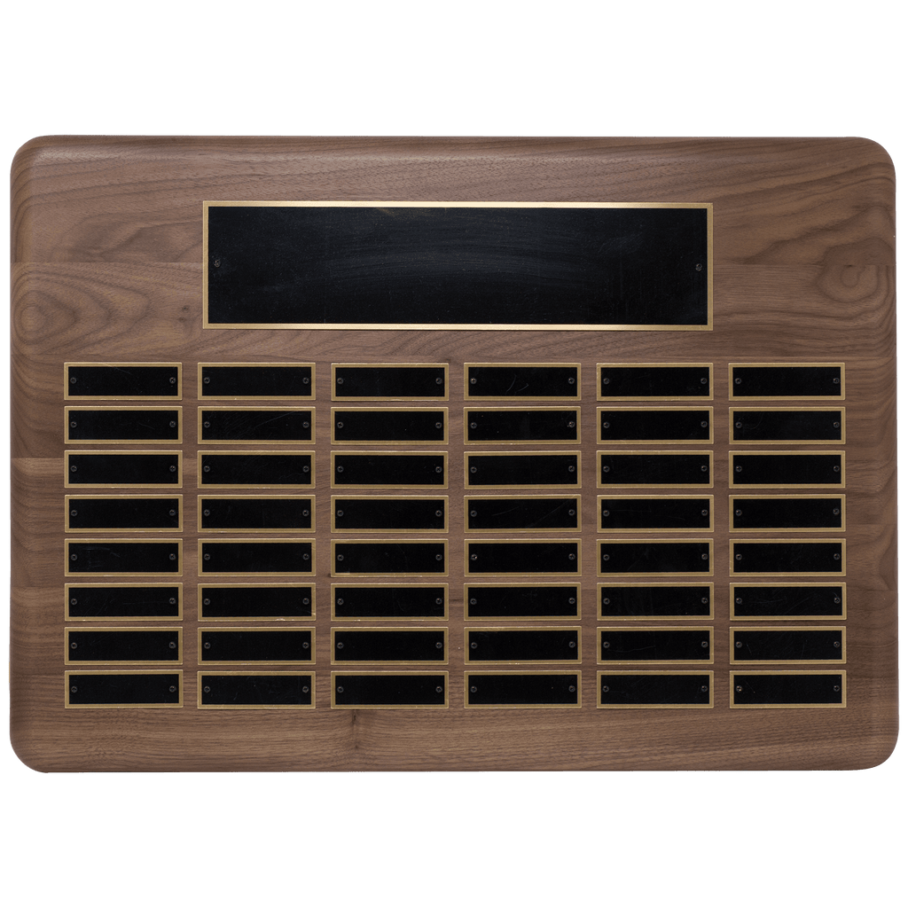 Walnut 48 Plate Perpetual Plaque with Black Brass 15" x 21"/Plates 7/8" x 2 3/4" American Plated Steel Plates