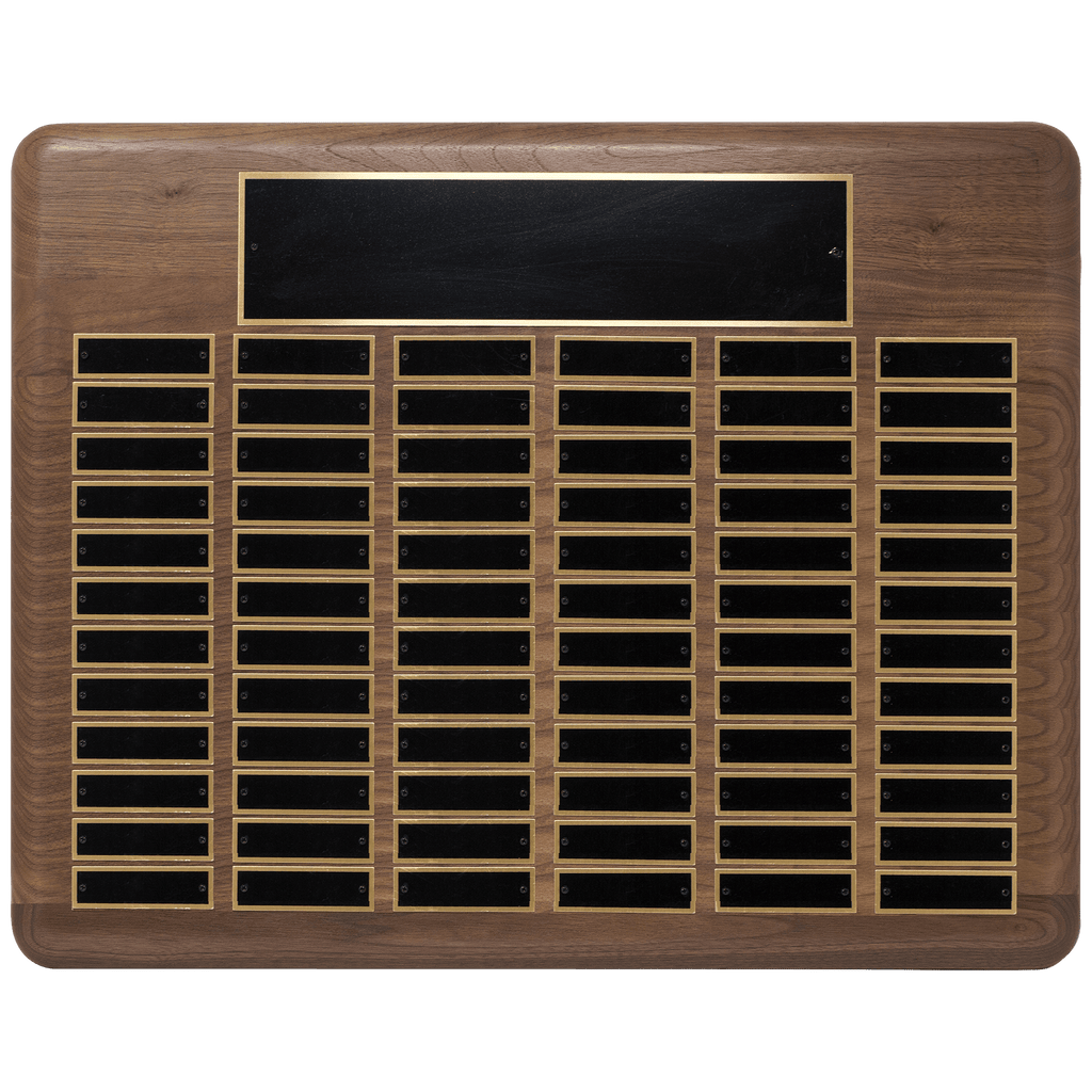 Walnut 80 Plate Perpetual Plaque with Black Brass 22" x 30"/Plates 7/8" x 2 3/4" American Plated Steel Plates