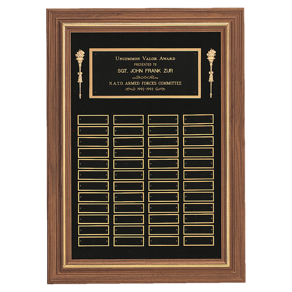 Walnut 36 Plate Perpetual Plaque with Black Brass 18" x 25"/Plates 7/8" x 2 3/4" American Plates