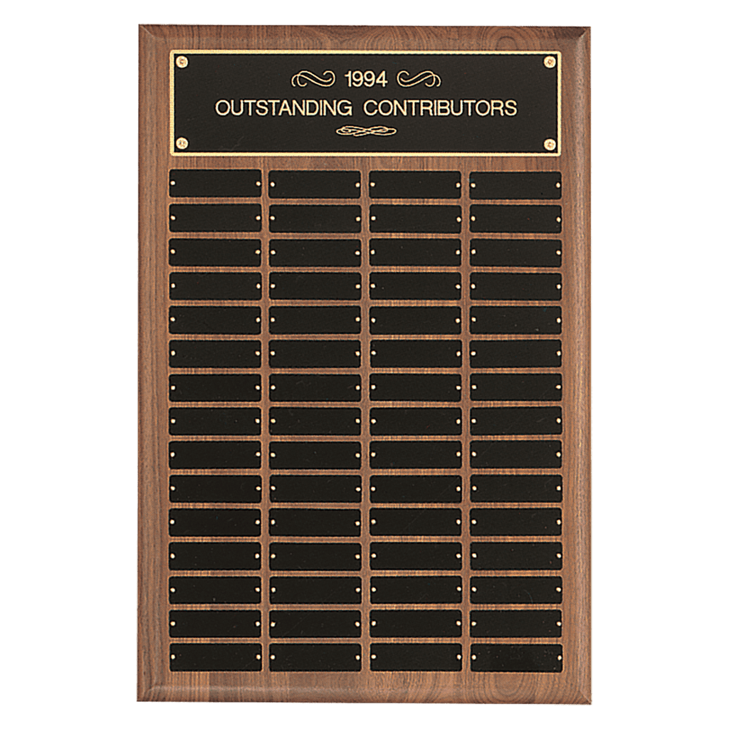 Walnut 60 Plate Perpetual Plaque with Black Brass 16" x 24"/Plates 1" x 3 1/4" American Plates