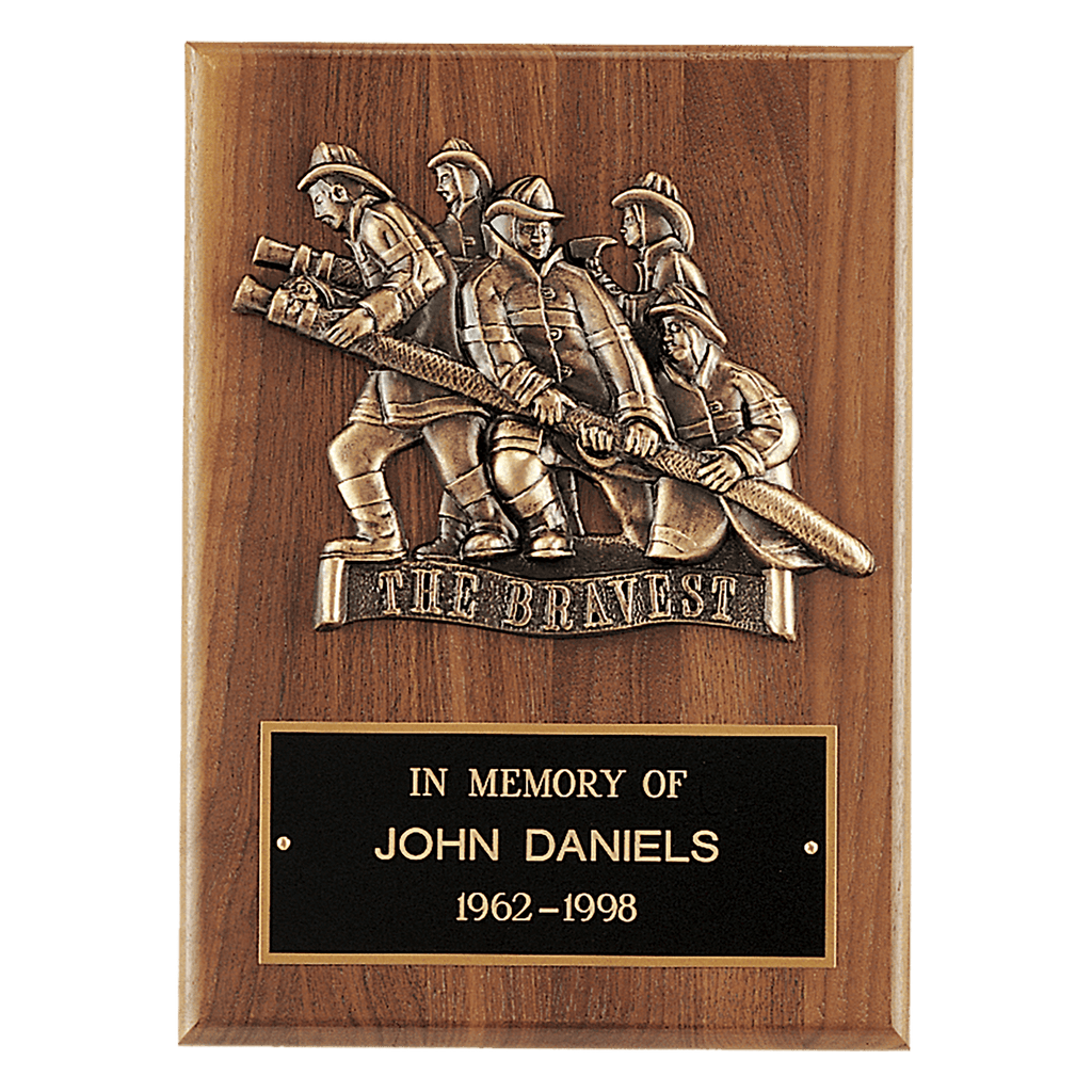 Walnut Plaque, Bronze Cast Fire Department "Bravest" with Black Brass 9" x 12" American Plate