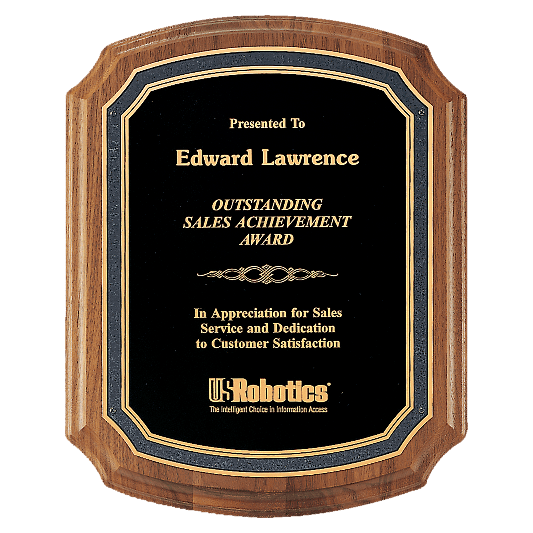 Walnut Plaque with Black/Gold Florentine Border Textured Black 9" x 12" American Plate