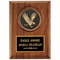 Solid American Walnut Plaque with Finely Detailed Black and Gold Metal Eagle Medallion and Black Laserable Personalization Plate