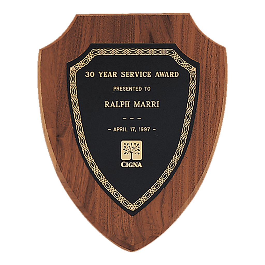 Black Laserable Gold Border Shield Plate on an American walnut 2 7 1/4" x 9" Jewelers Shield Plaque- Sheffield Series