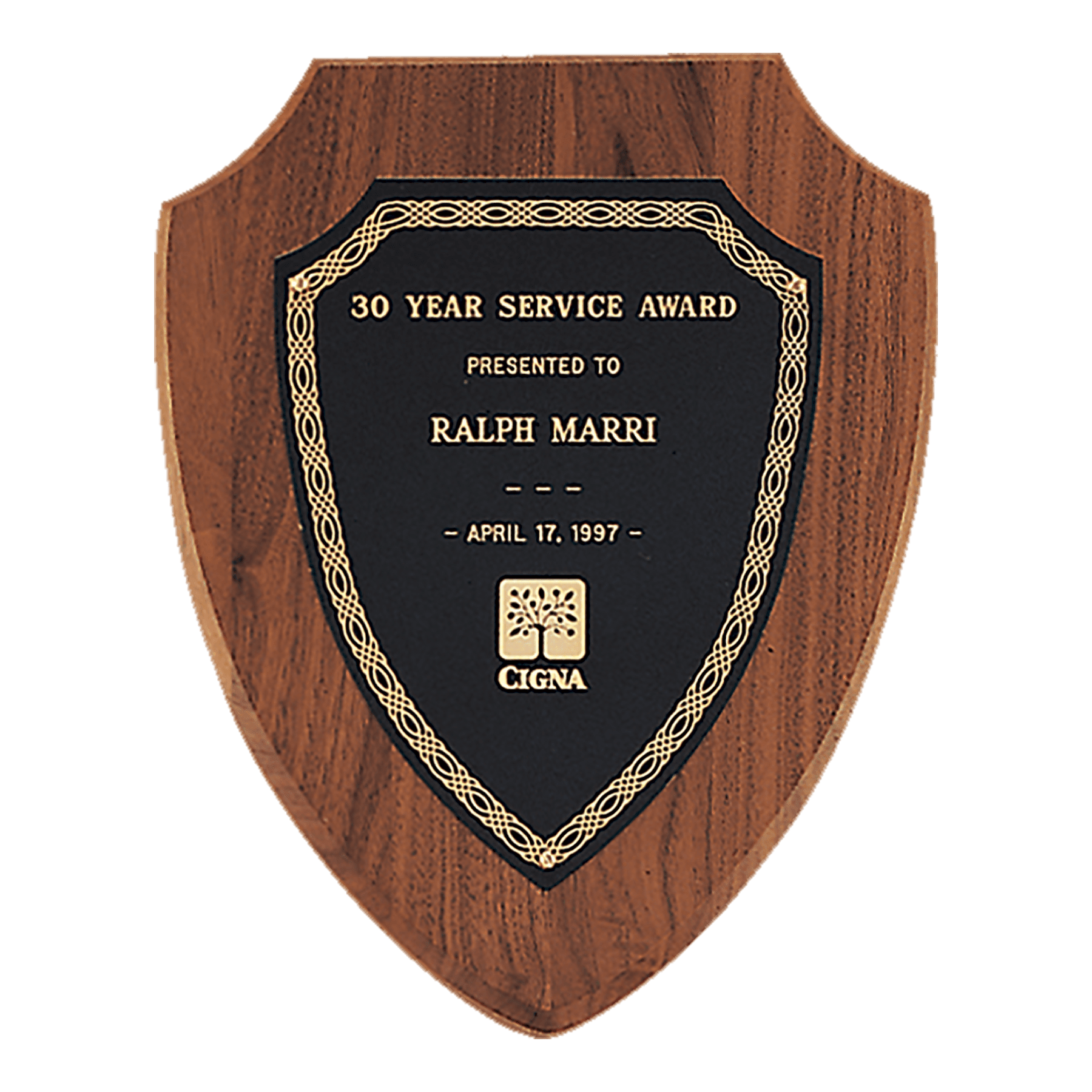 Black Laserable Gold Border Shield Plate on an American Walnut 2 8 1/2" x 10 1/2" Jewelers Shield Plaque- Sheffield Series