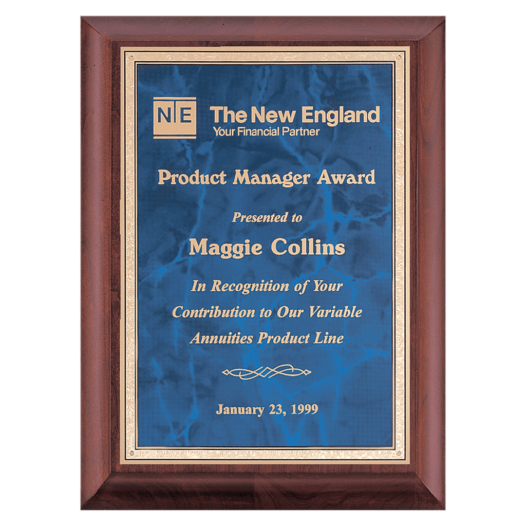 Cherry Finish Plaque with Sapphire Marble Gold 9" x 12" Hand Rubbed Border LaserFX Plate