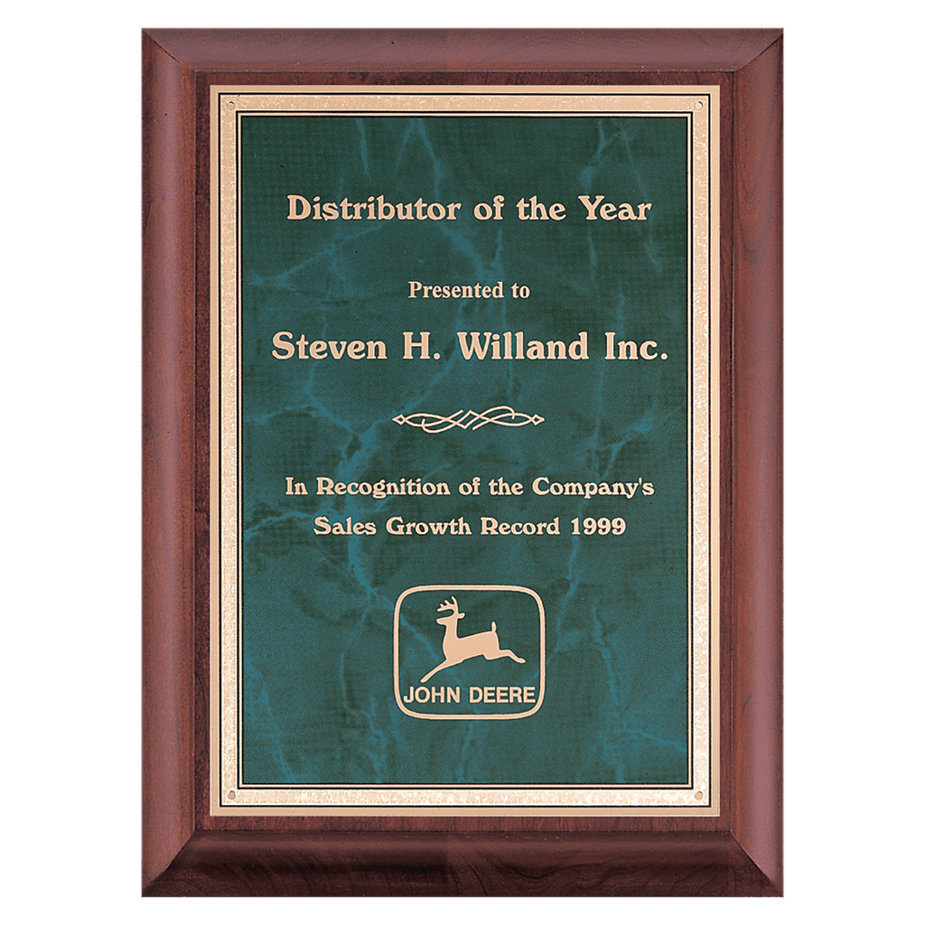 Cherry Finish Plaque with Emerald Marble Gold 7" x 9" Hand Rubbed Border LaserFX Plate