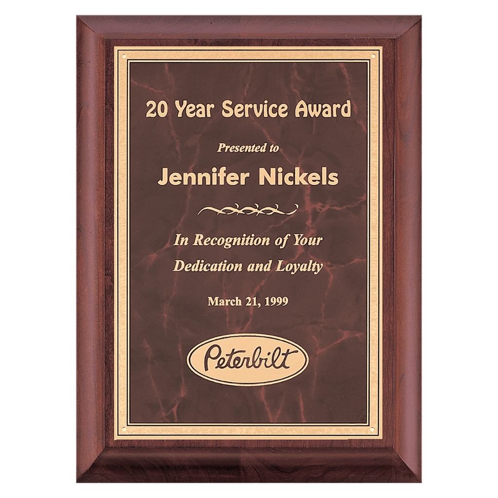 Cherry Finish Plaque with Ruby Marble Gold 9" x 12" Hand Rubbed Border LaserFX Plate