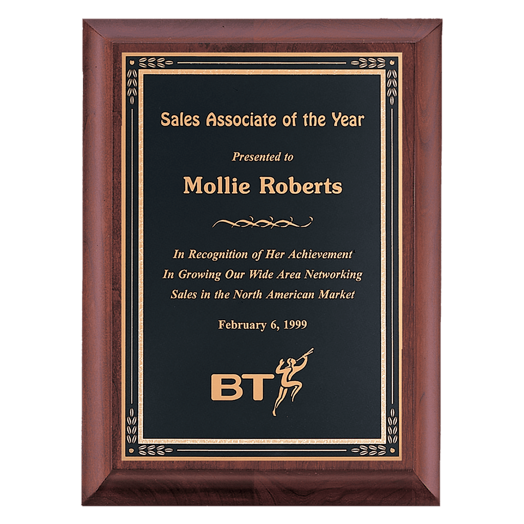 Cherry Finish Plaque with Black Gold 9" x 12" Hand Rubbed Florentine Border LaserFX Plate