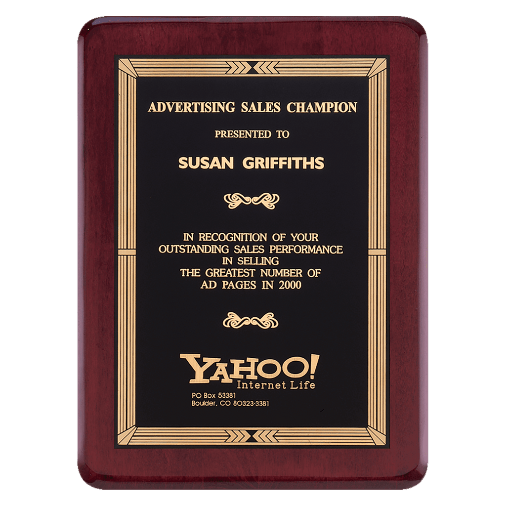 Rosewood Piano Finish Plaque with Gold Border Black Laserable Brass 2 9" x 12" Airflyte Premium Plate