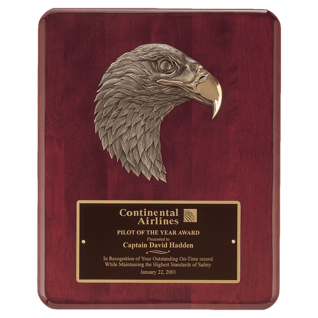 Rosewood Piano Finish Plaque with Finely Detailed Bronze Eagle Head Casting with Black Laserable Brass 10 1/2" x 13" Plate