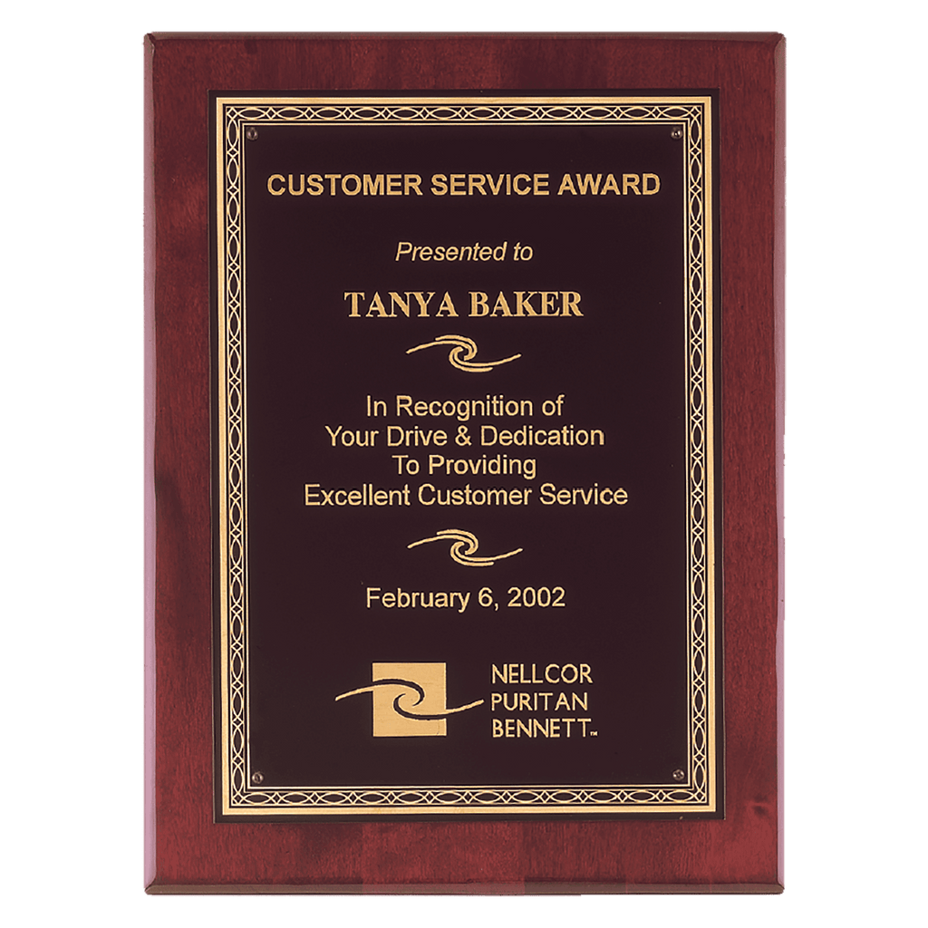 Rosewood Piano Finish Plaque with Gold Florentine Border Laserable Black Brass 9" x 12" Airflyte Premium Plate