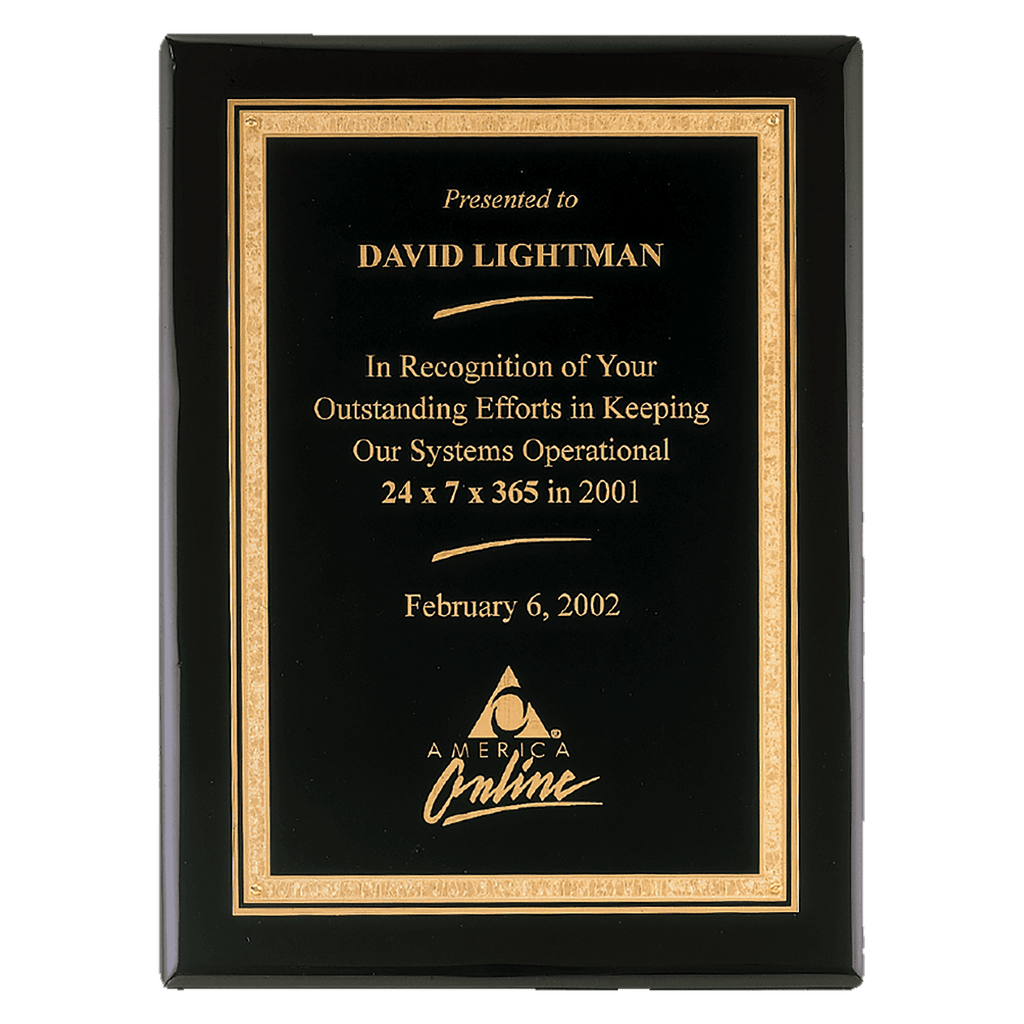Black Piano Finish Plaque with Gold 9" x 12" Airflyte Premium Florentine Border LaserFX Plate