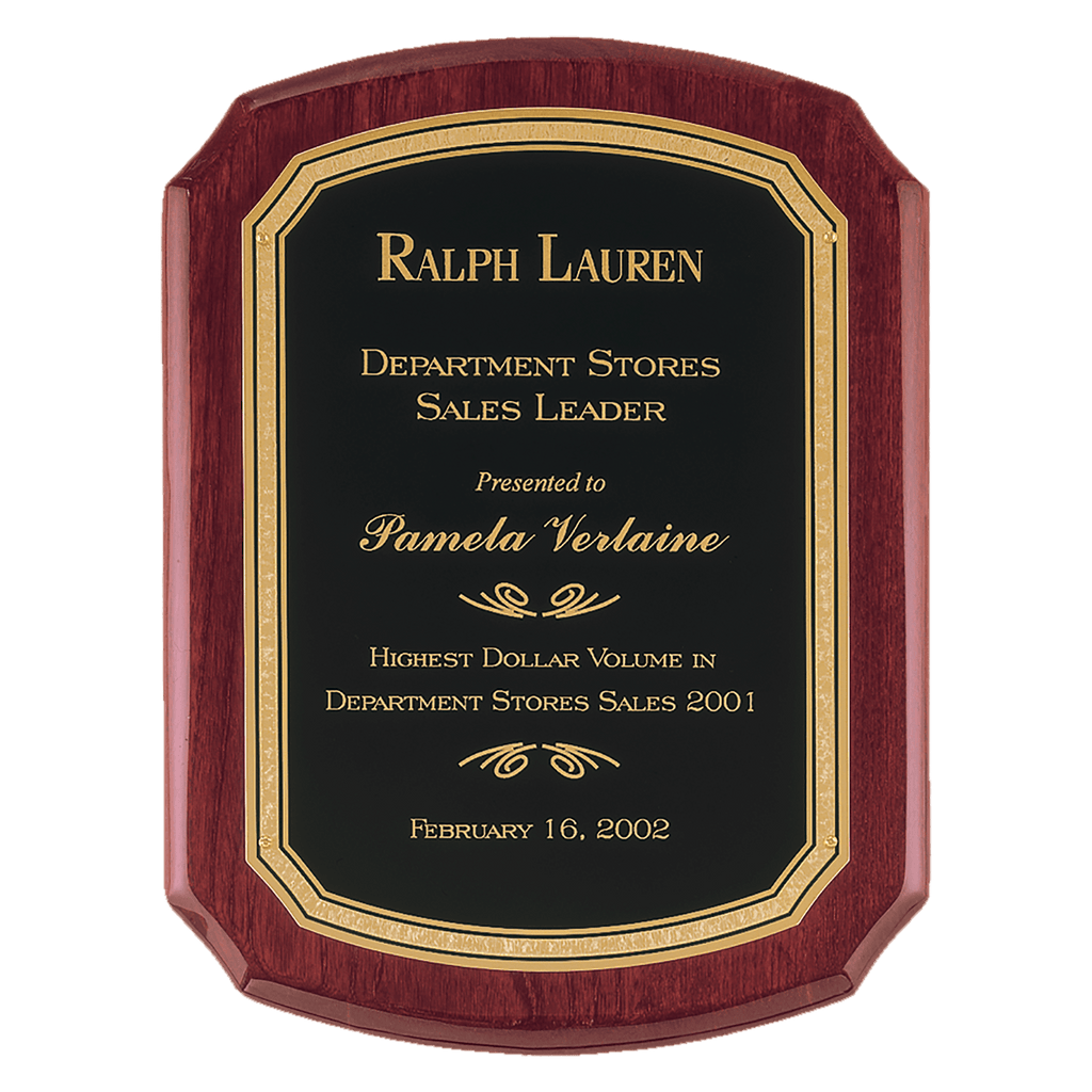 Rosewood Piano Finish Plaque with Black/Gold 9" x 12" Airflyte Florentine Border LaserFX Plate