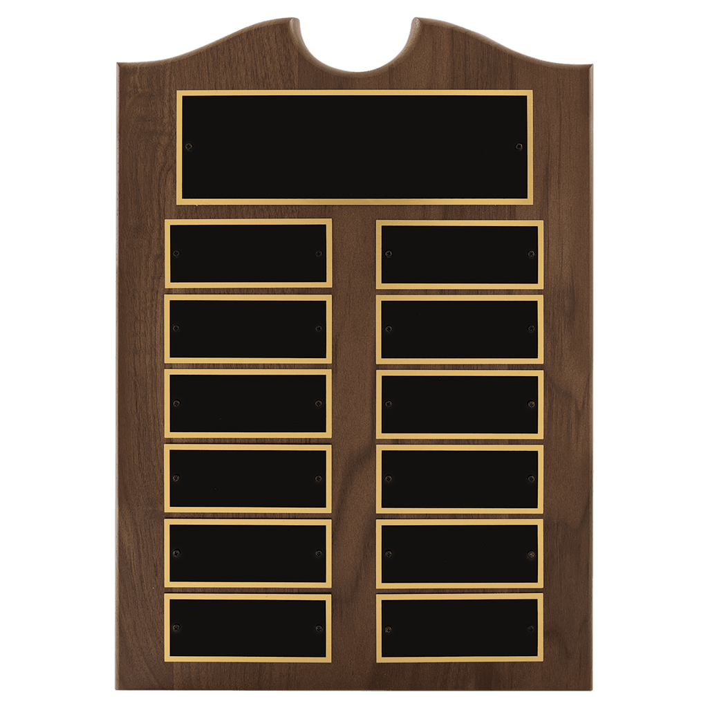 Walnut 12 Plate Perpetual Plaque with Black Brass 2 11" x 15"/Plates 1 1/2" x 3 3/4" American Plates