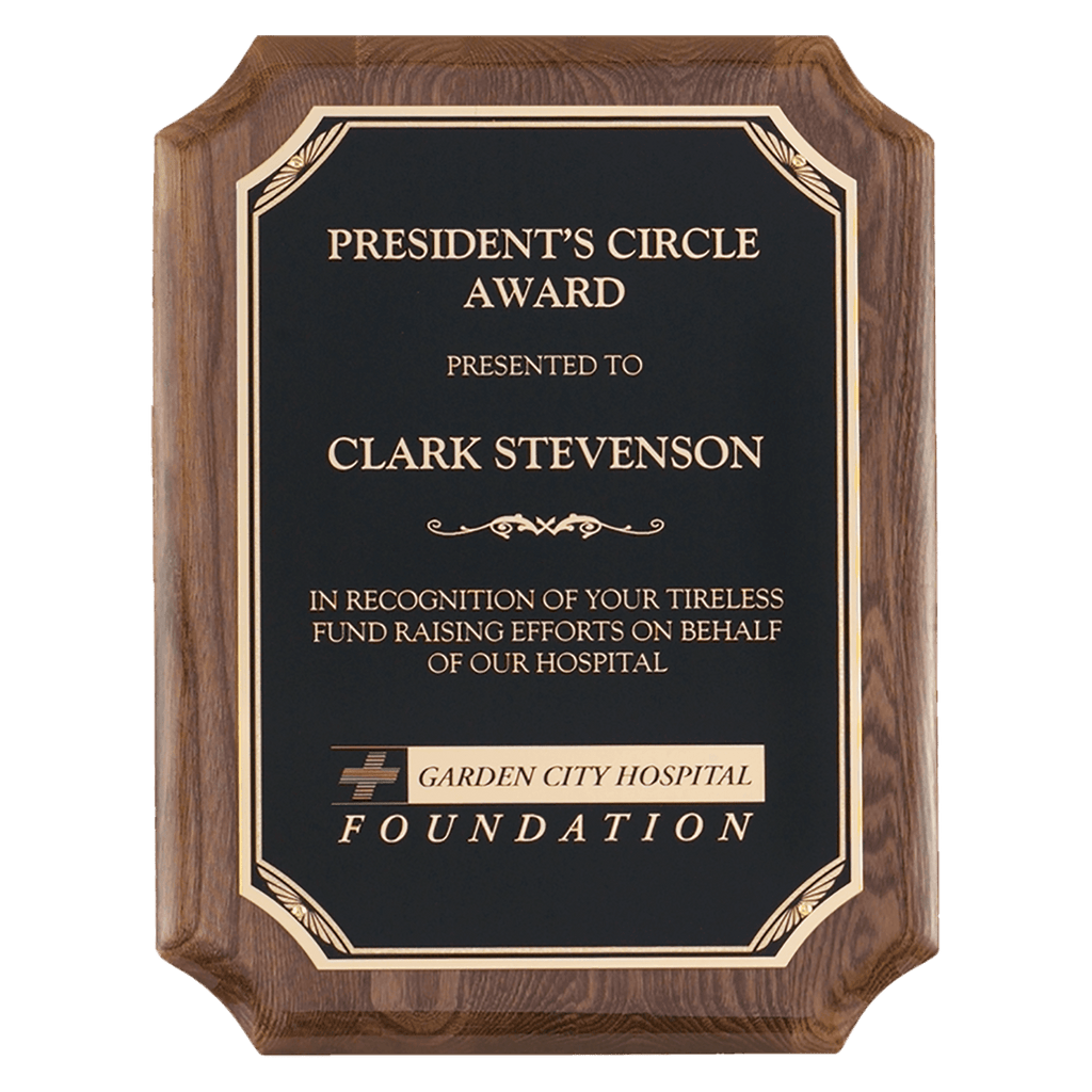 Walnut Piano Finish Plaque with Gold Florentine Border Black 7" x 9" Airflyte LaserFX Plate