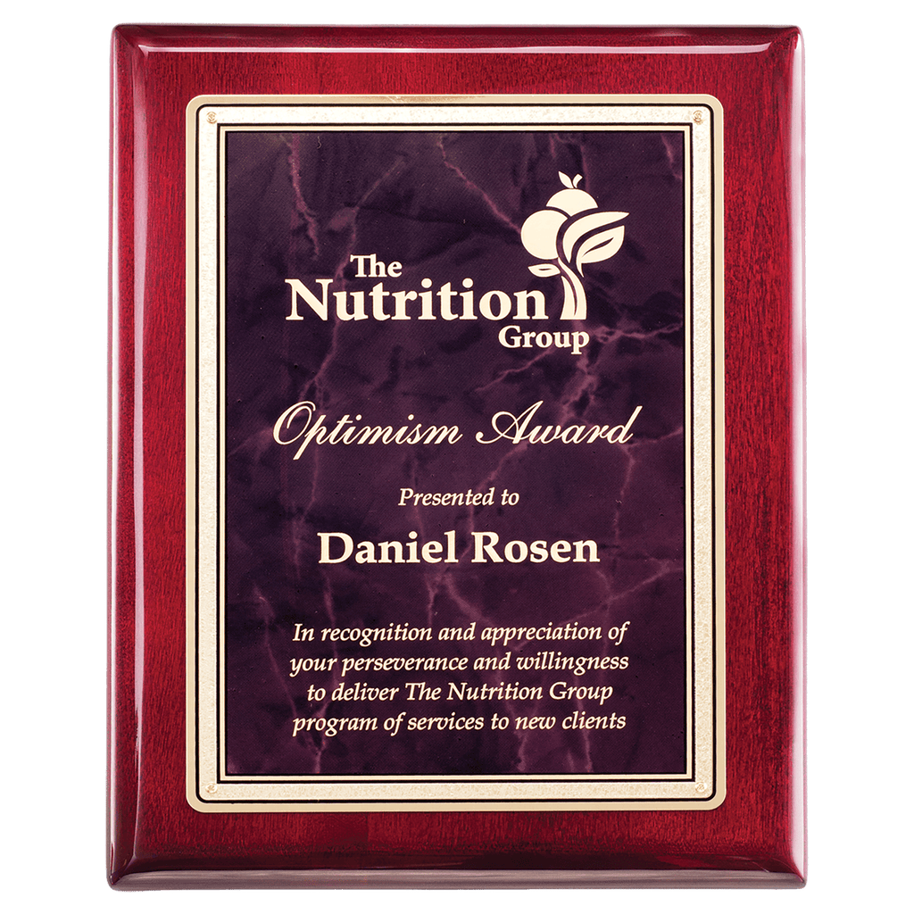 Rosewood Piano Finish Plaque with Ruby Marble/Gold 9" x 12" Florentine Design LaserFX Plate