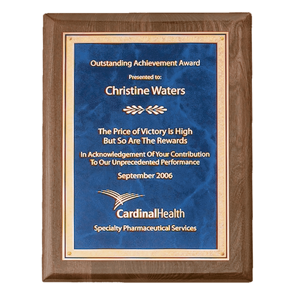 Walnut Piano Finish Plaque with Gold 9" x 12" Airflyte Premium Florentine Border Sapphire Marble LaserFX Plate