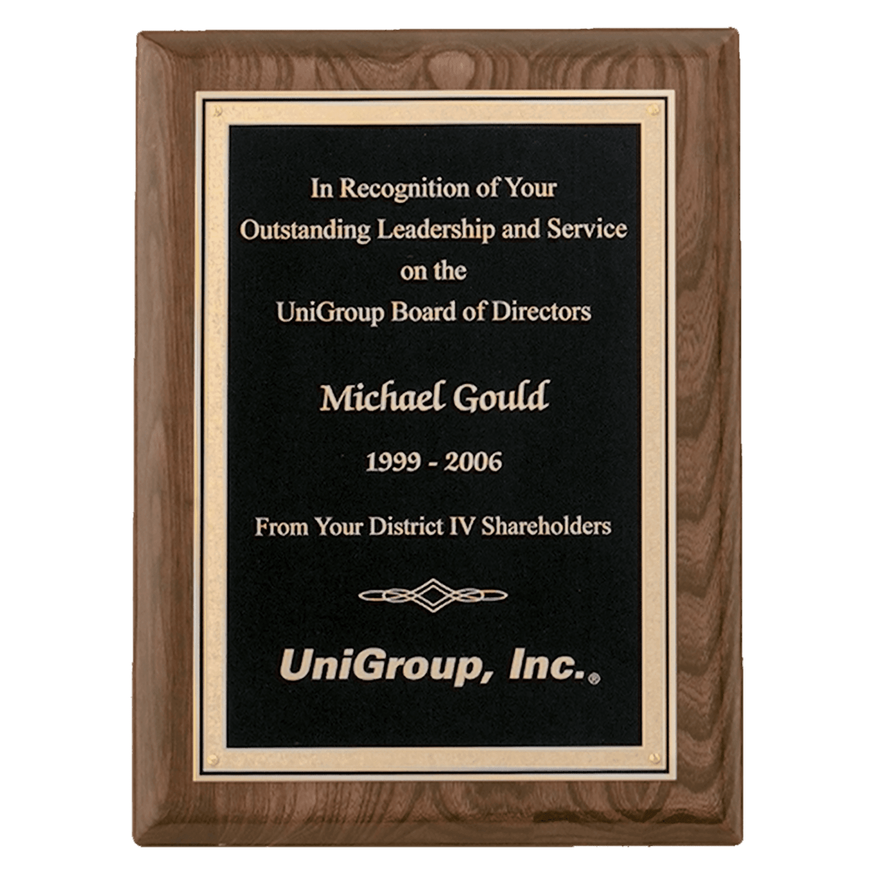 Walnut Piano Finish Plaque with Textured Black/Gold 7" x 9" Airflyte Florentine Border LaserFX Plate