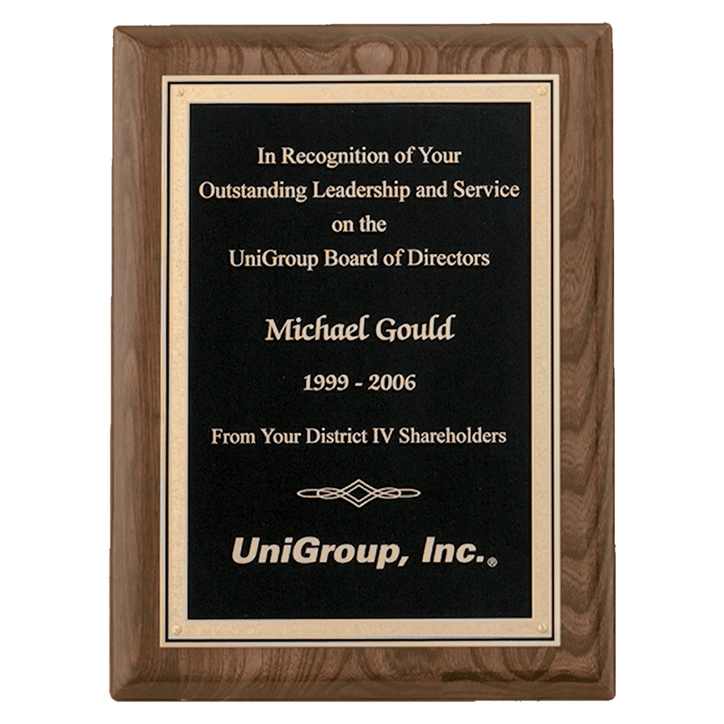 Walnut Piano Finish Plaque with Textured Black/Gold 9" x 12" Airflyte Florentine Border LaserFX Plate