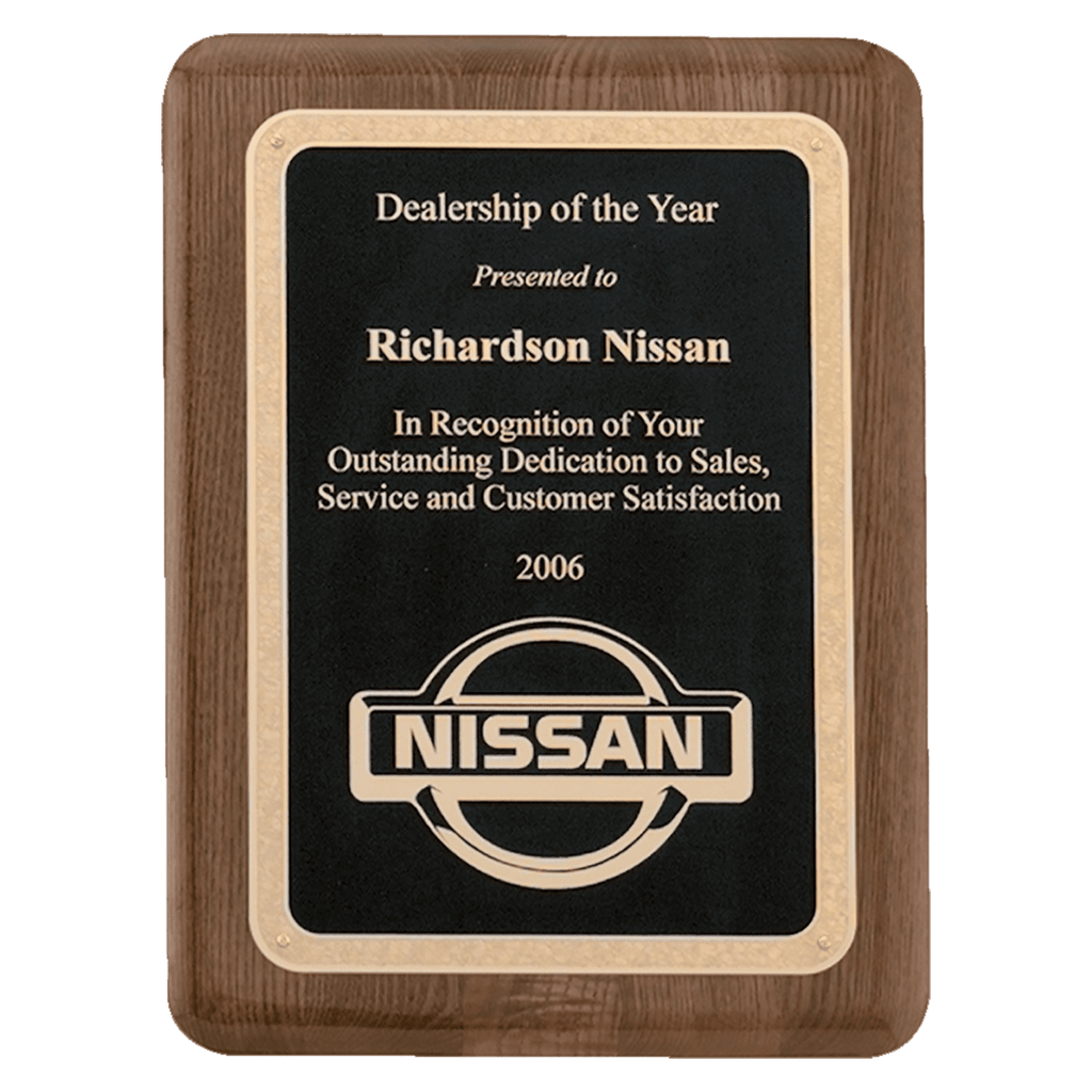 Walnut Piano Finish Plaque with Gold Florentine Border Textured Black 2 7" x 9" Airflyte Premium LaserFX Plate