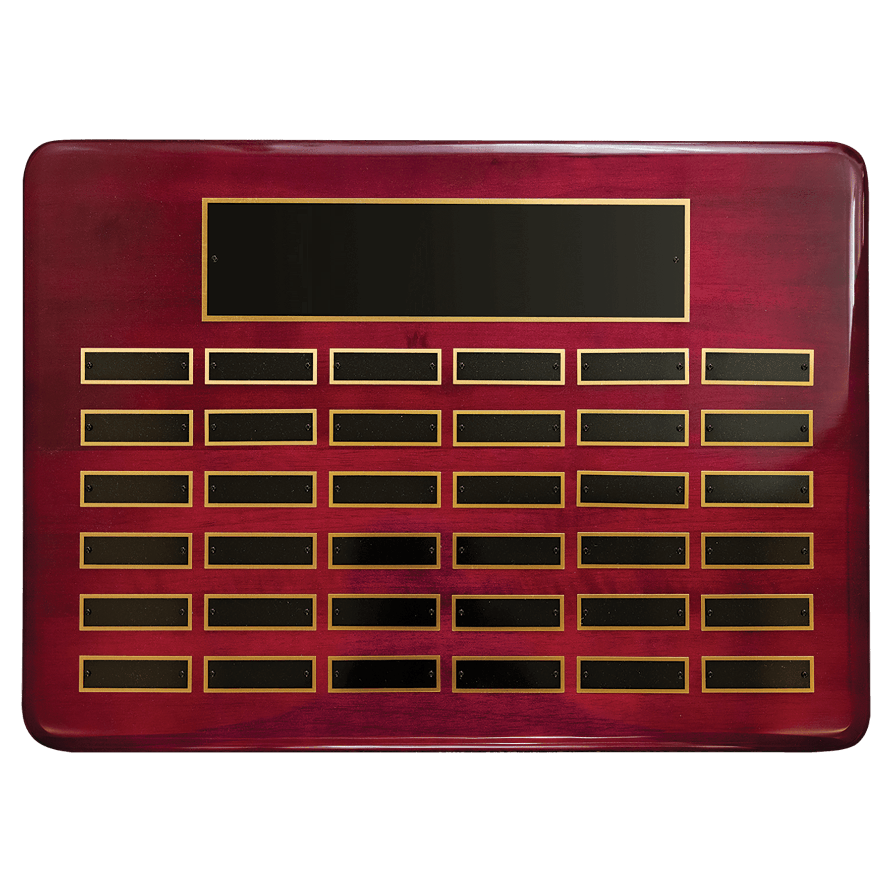 Rosewood Piano Finish 36 Plate Perpetual Plaque with Black Brass 15" x 21"/Plates 7/8" x 2 3/4" Plates