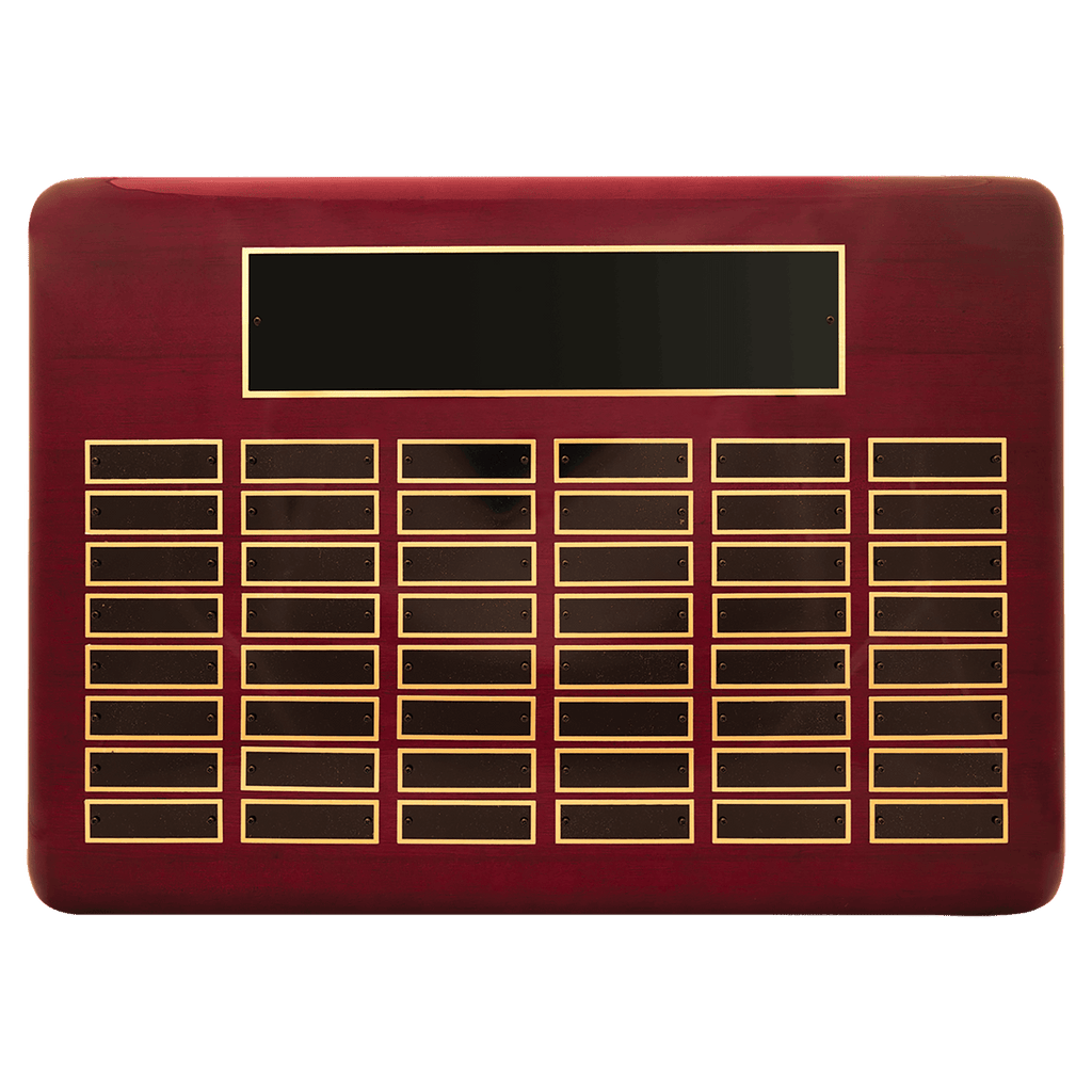 Rosewood Piano Finish 48 Plate Perpetual Plaque with Black Brass 15" x 21"/Plates 7/8" x 2 3/4" Plates