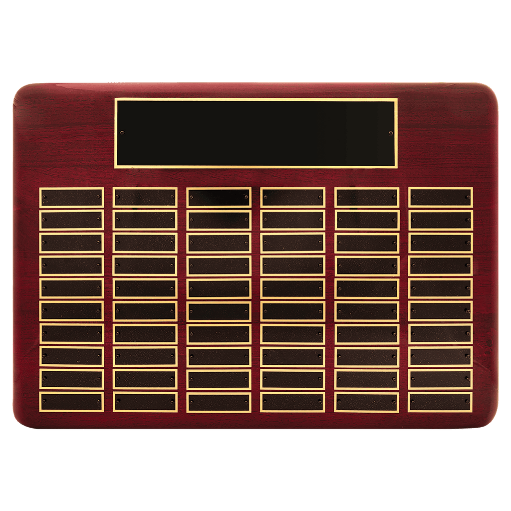 Rosewood Piano Finish 60 Plate Perpetual Plaque with Black Brass 15" x 21"/Plates 7/8" x 2 3/4" Plates
