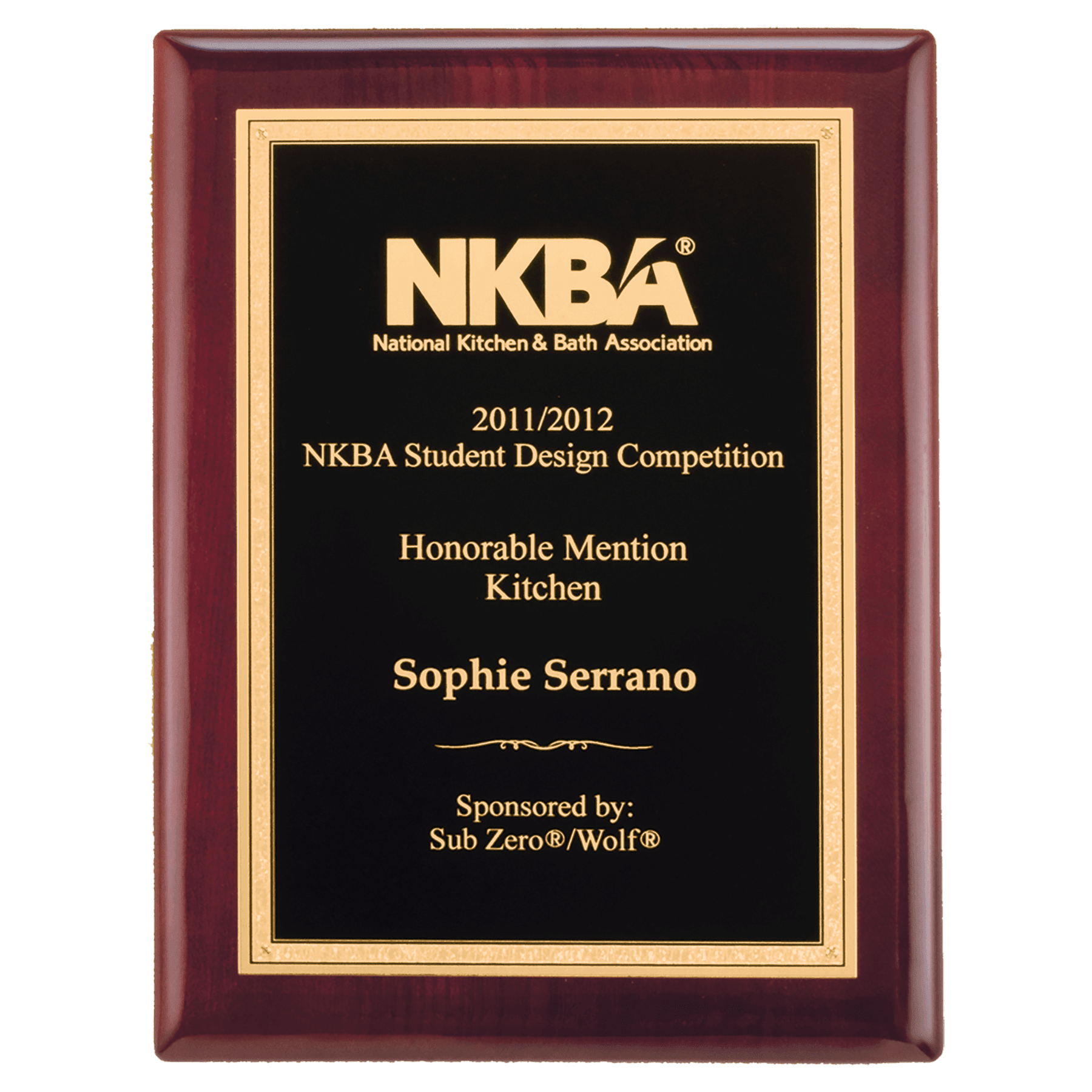 Rosewood Piano Finish Plaque with Textured Black/Gold 9" x 12" Airflyte Florentine Border LaserFX Plate