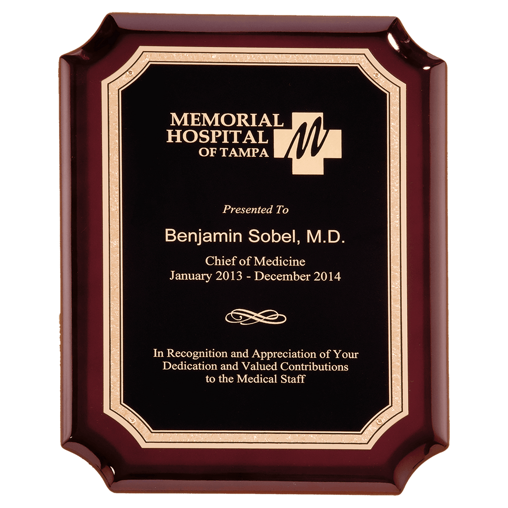 Rosewood High Gloss Plaque with Black Gold 7" x 9" Florentine Border LaserFX Plate
