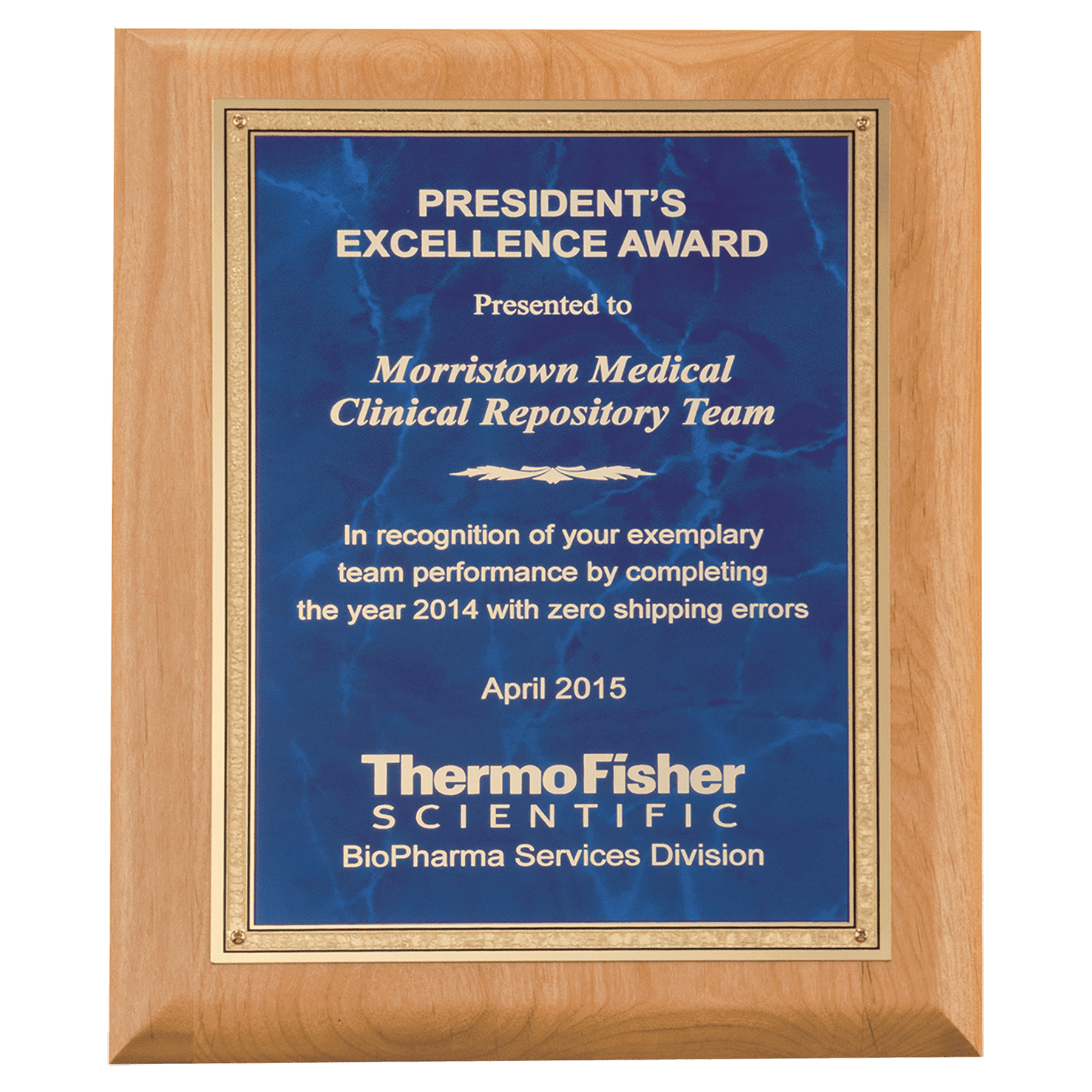 Alder Wood Plaque with Sapphire Marble Gold 7" x 9" Natural Florentine Bordered LaserFX Plate