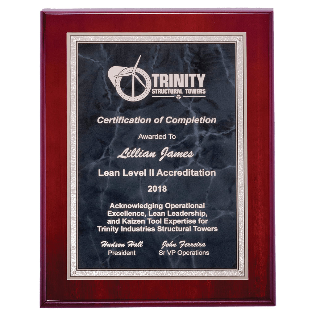 Rosewood High Gloss Plaque with Gray Marble/Silver 8" x 10" Airflyte Florentine Border Plate