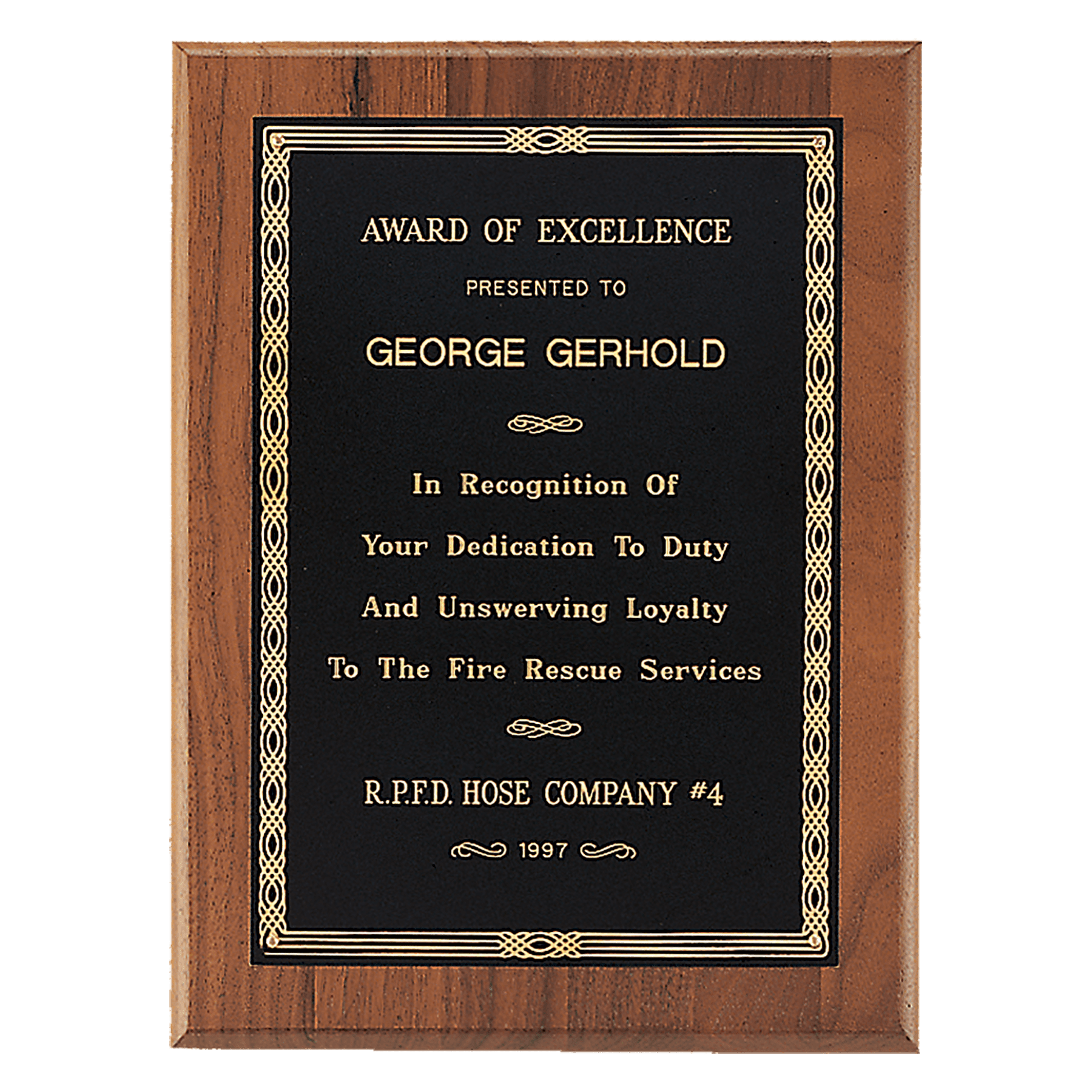 6" x 8" Jewelers Black Laserable Gold Border Plate on an American Walnut Plaque - Sheffield Series