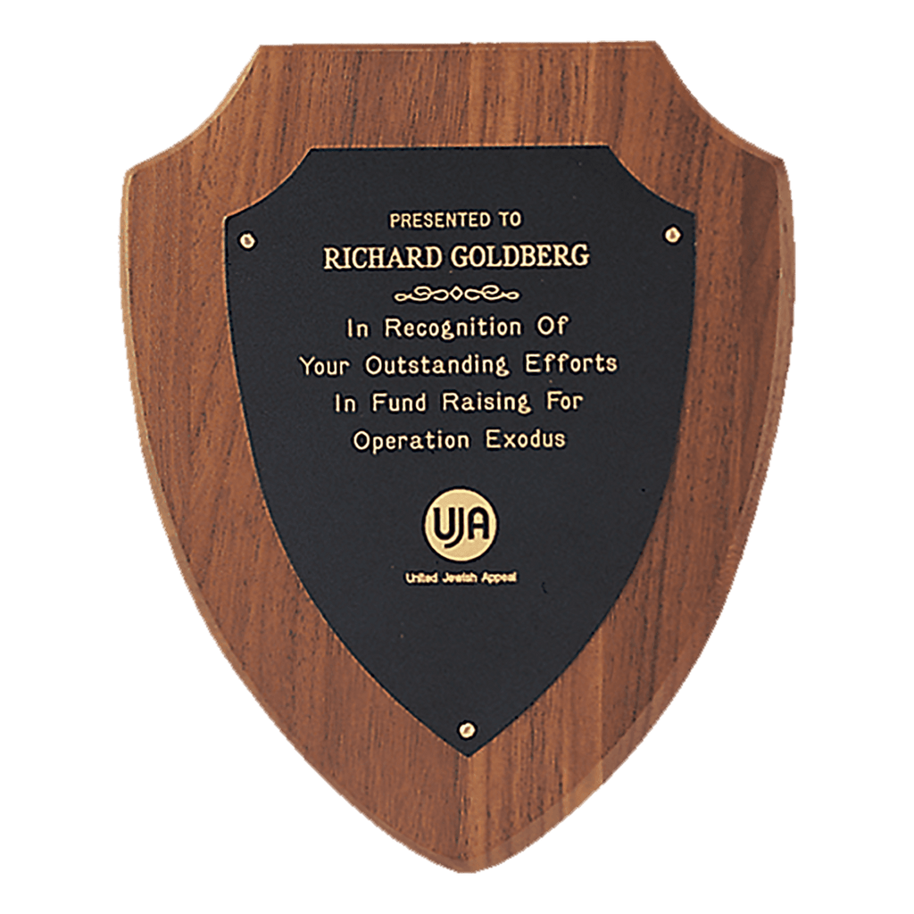 Black Laserable Gold Border Shield Plate on an American Walnut 7 1/4" x 9" Jewelers Shield Plaque- Sheffield Series