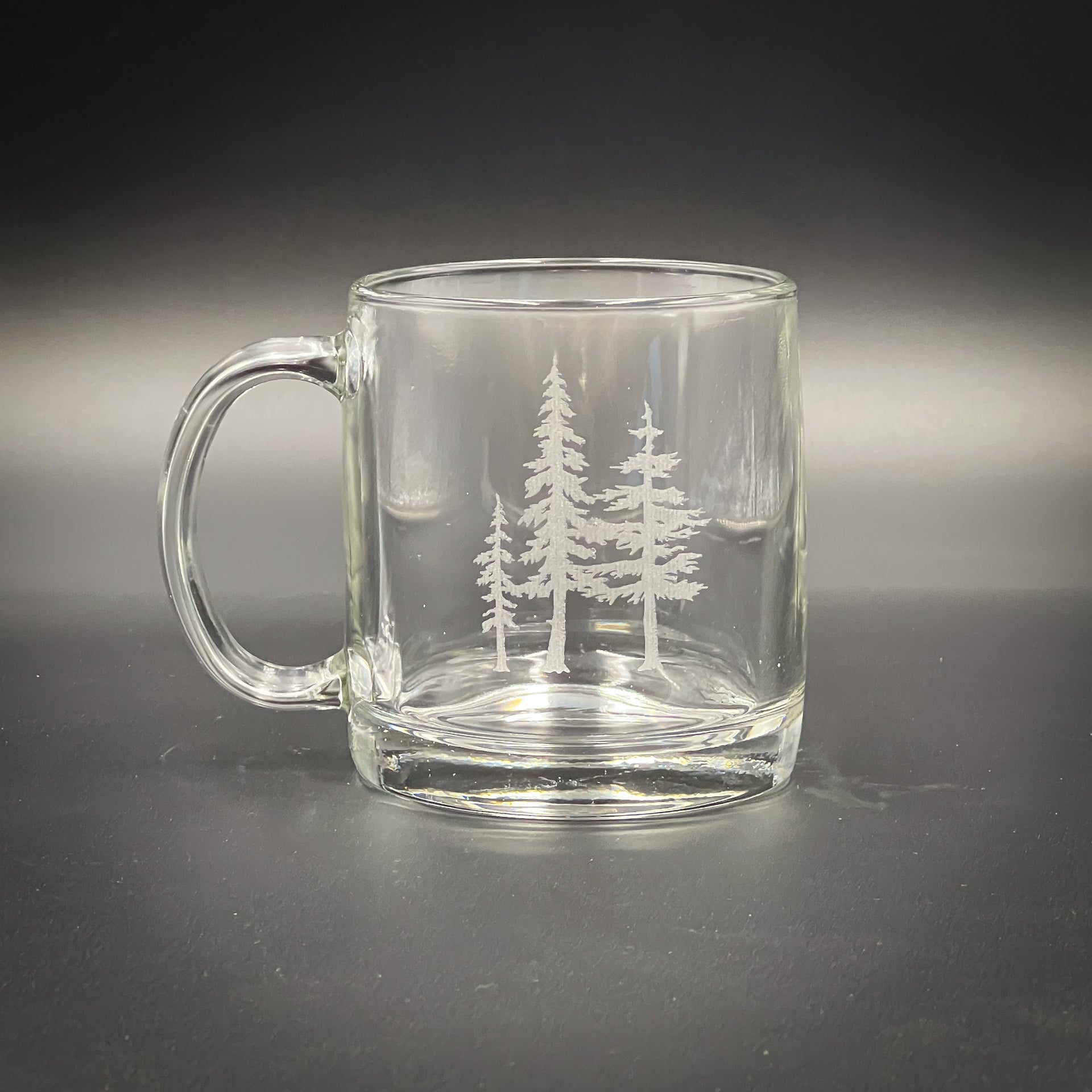 3 Trees 12 oz Engraved Glass Handled Coffee Mug - Handle to Left of Engraving