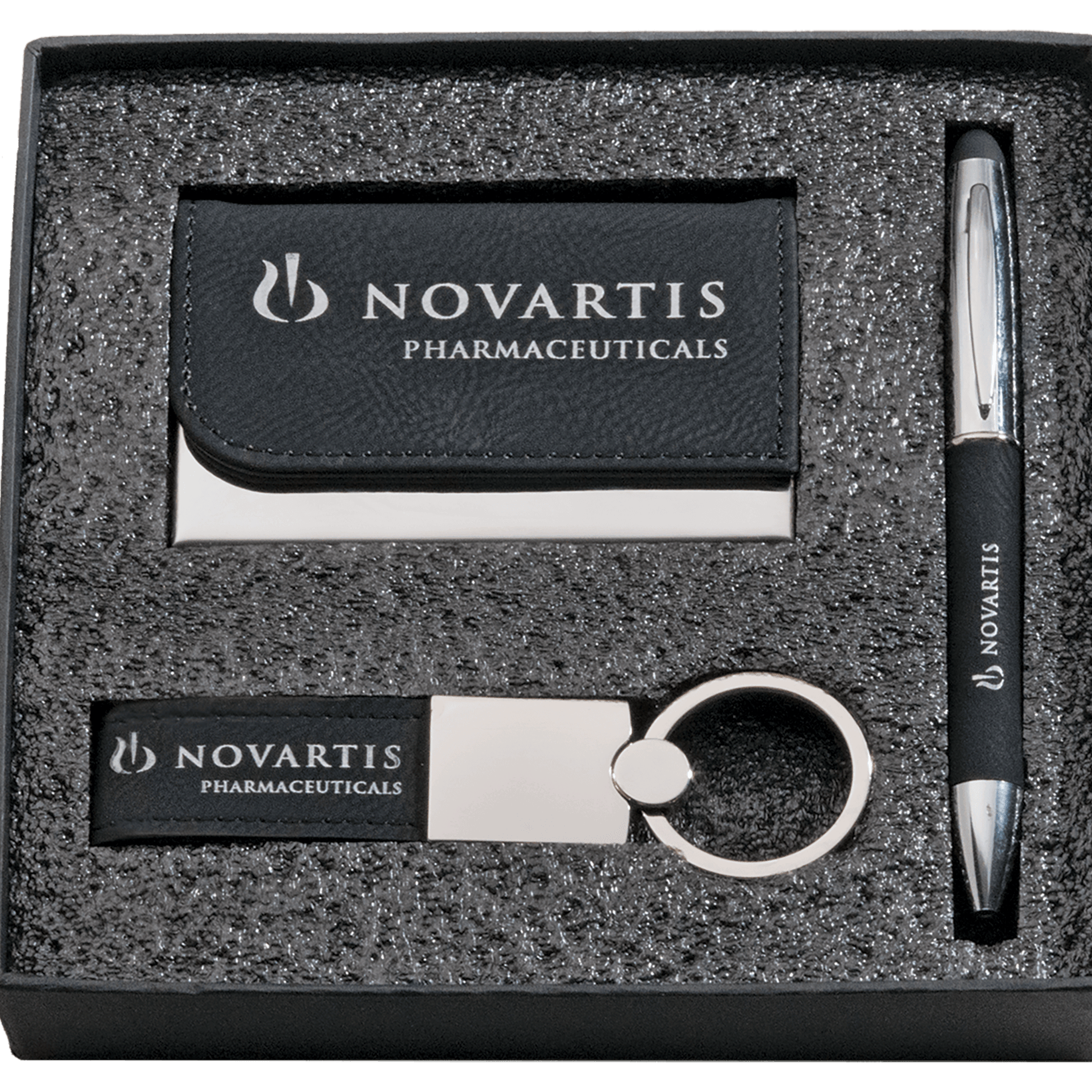 Black Leather Gift Set/Pen, Keychain, Business Card Holder