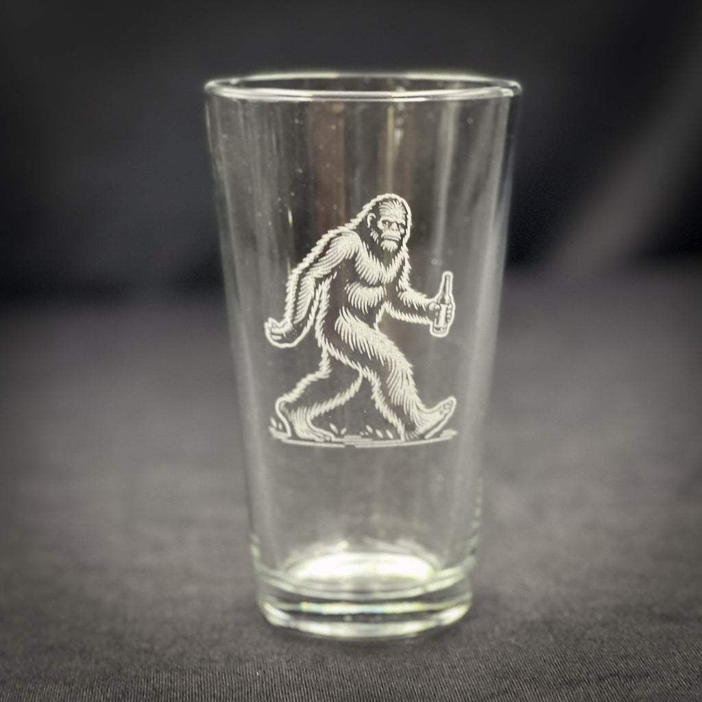 Bigfoot with Beer engraved pint glass